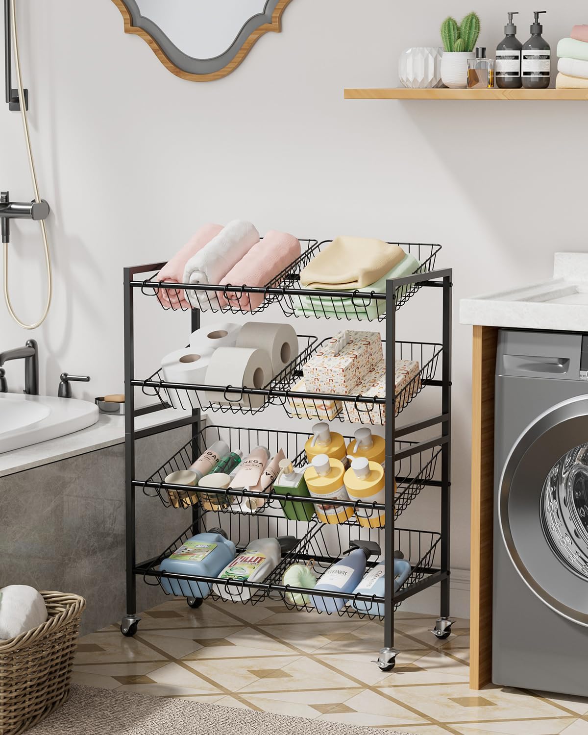 Evermagin Kitchen Storage Cart, Rolling Snack Cart, 25.2''W 4 Tier Fruit Basket Stand, Metal Pantry Storage with Stackable Wire Basket, Black Evermagin