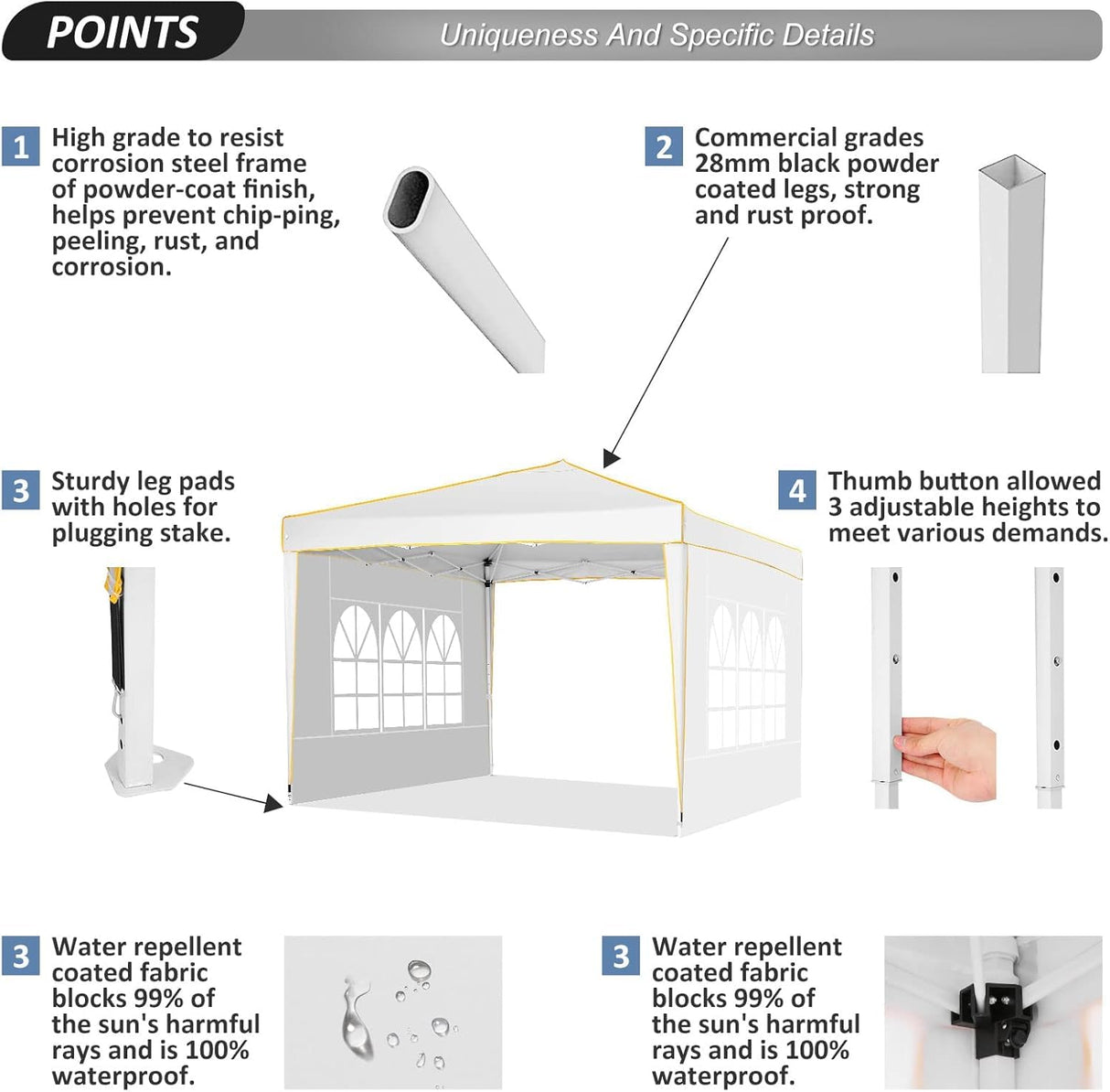 COBIZI 10x10 Pop up Canopy, Canopy Tent 10x10 Gazebos, Ez up Canopy 10x10 for Parties Outdoor Camping Party Event Shelter Sun Shade with 4 Sidewalls & Carry Bag 4 Stakes & Ropes & Sandbags, White COBIZI