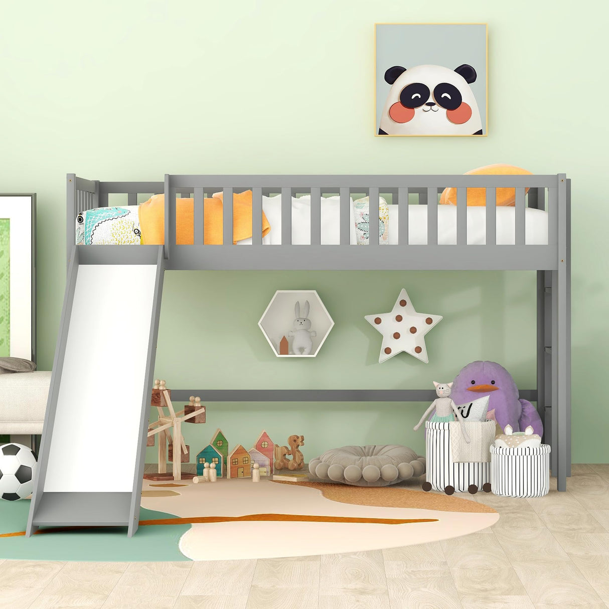 Bellemave Twin Size Loft Bed for Kids,Low Loft Bed with Slide and Ladder,Wood Loft Bed Twin for Girls Boys,Grey Bellemave