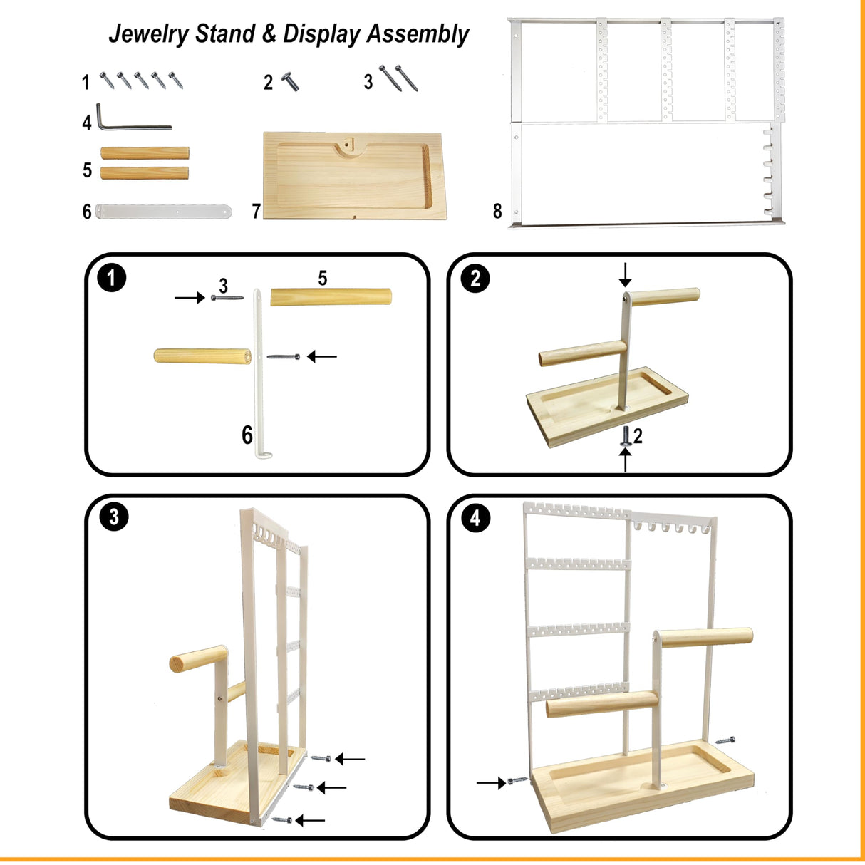 Jewelry Organizer Stand, Jewelry Holder, Lengnoy 4 Tier Earring Holder with 48 Holes and 6 Hooks Necklace Organizer Wood Box for Necklace Bracelet Earring Ring, White lengnoyp