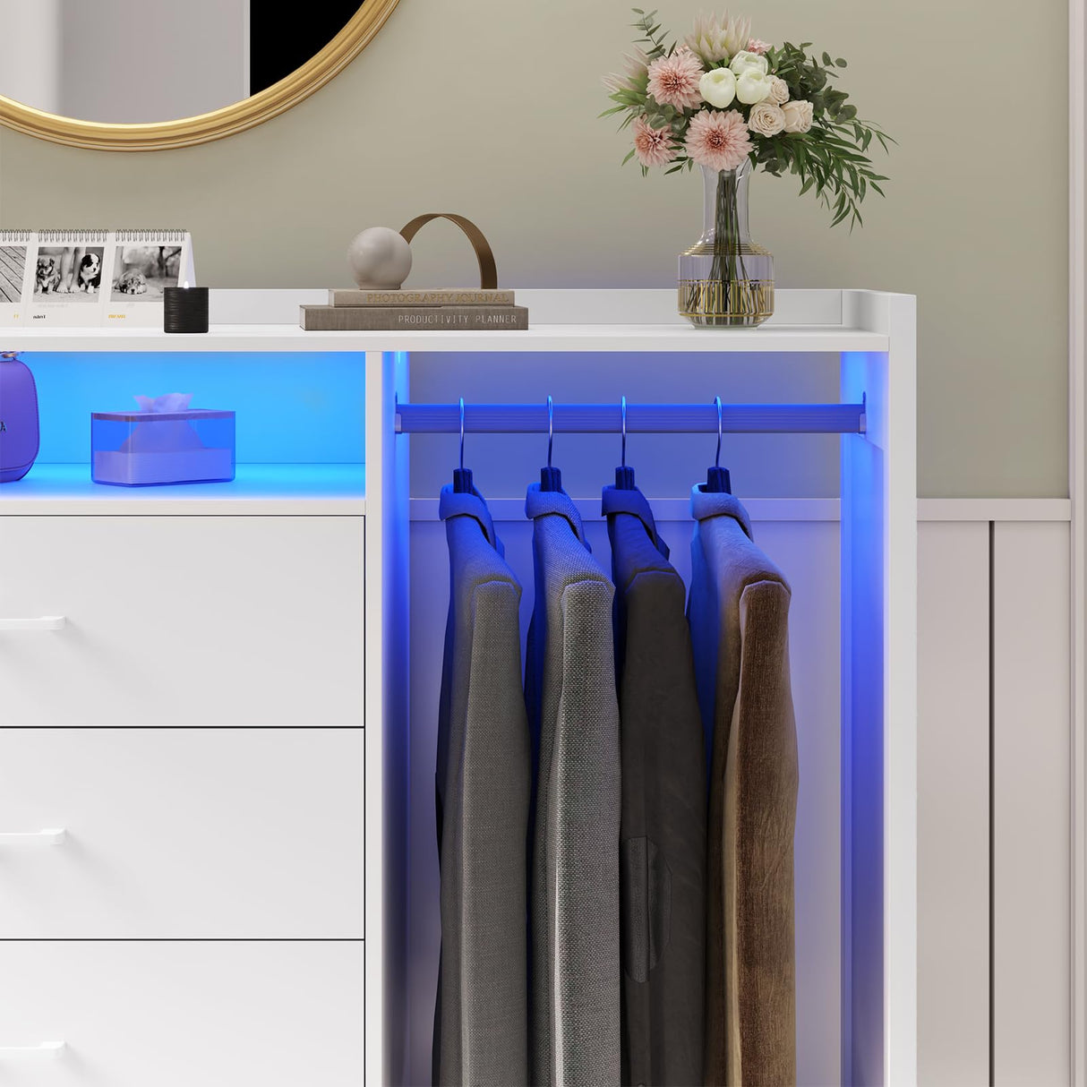 VIAGDO Dresser for Bedroom with Clothes Rail, Chest of 4 Drawers with LED Lights, Modern White Dresser with Open Storage Space for Bedroom Entryway, Large Capacity VIAGDO