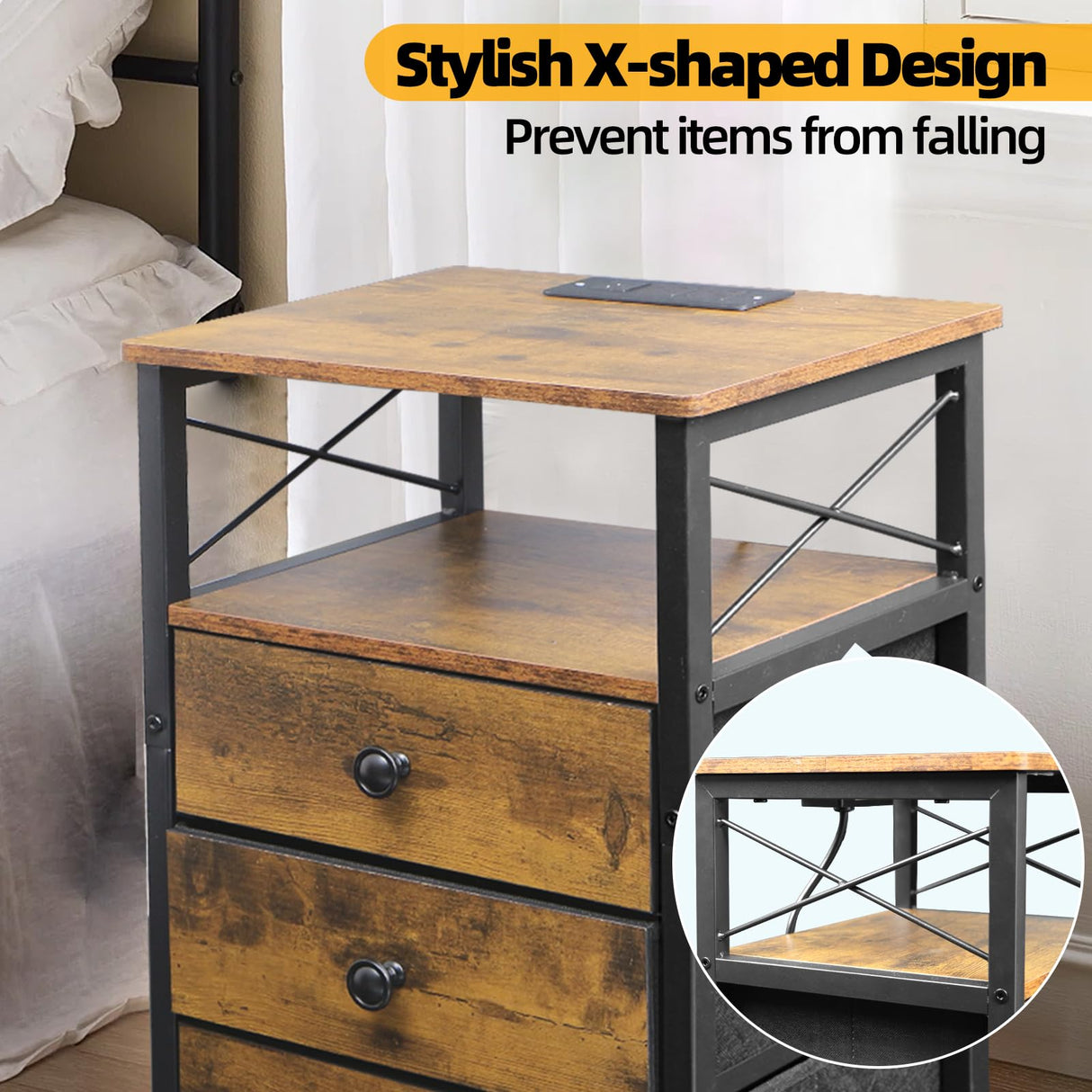 3 Drawer Wood and Metal Nightstand with LED Lights - 16"Wร12"Dร24"H Small Wood End Table with Charging Station, 20 Colors LED Bedside Table with Open Shelf, 3 Fabric Drawers with Wooden Front Panel Caredear