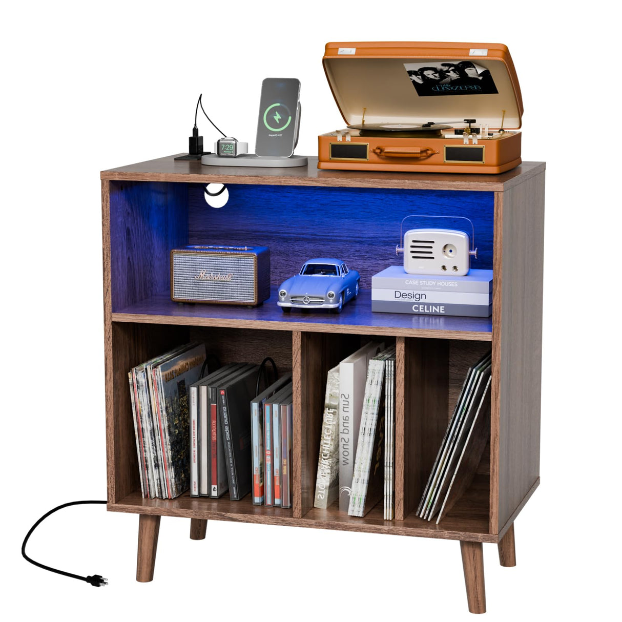 VINGLI Record Player Stand with Open Vinyl Storage, Mid-Century Album Storage Table with LED Light up to 300 Albums, Vinyl Record Player Shelf with Power Outlet for Living Room, Walnut VINGLI