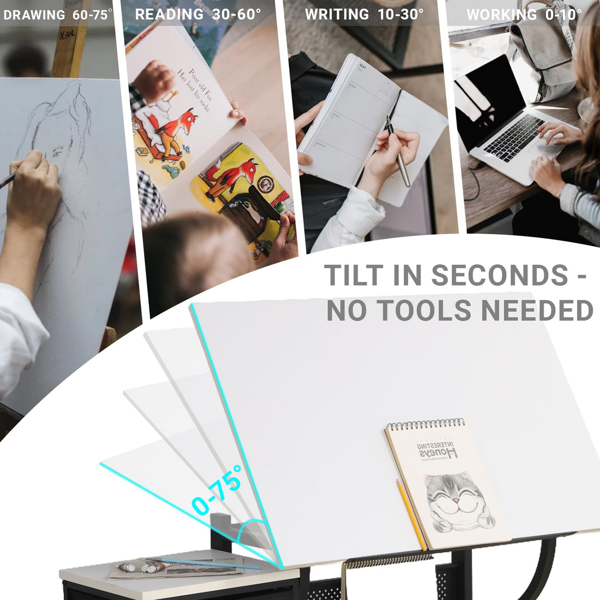 Art Table for Adults,Drafting Table, Adjustable Professional Art Drawing Table, Drawing Table with Stool and Tilting Tabletop, 3 Storage Drawers Craft Desk for Reading, Drawing, Office Use (Black) Doeqkue