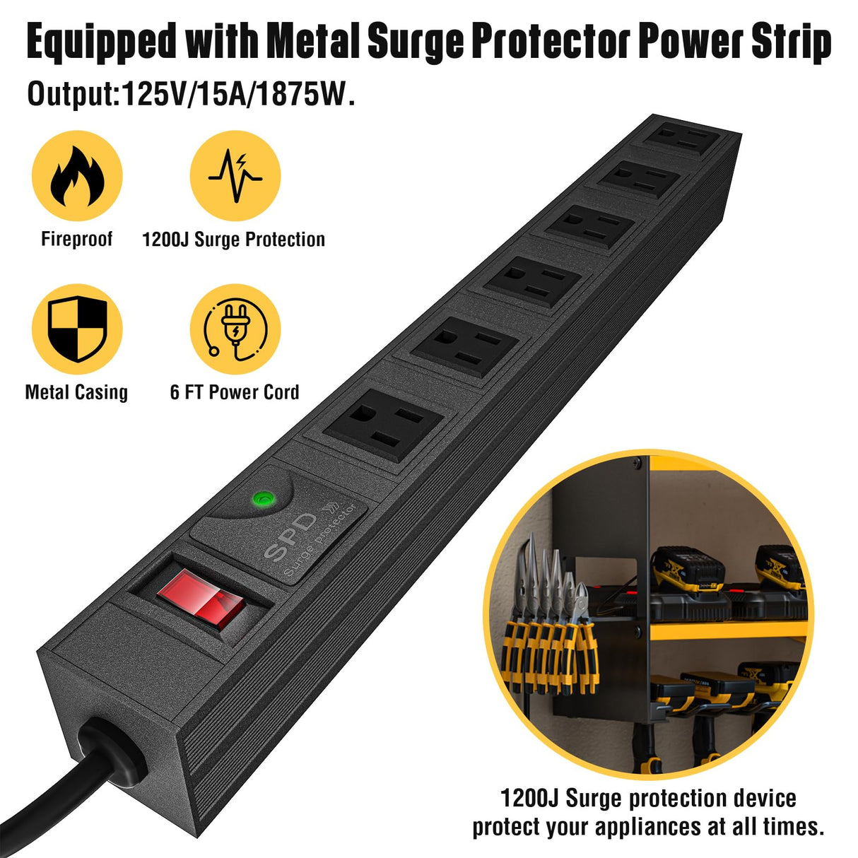 YYR Power Tool Organizer with Charging Station Wall Mount, Cordless Drill and Battery Holder for Garage Organization, Electric Tools Storage Rack Build in Surge Protection Power Strip - Yellow Shelf YYR