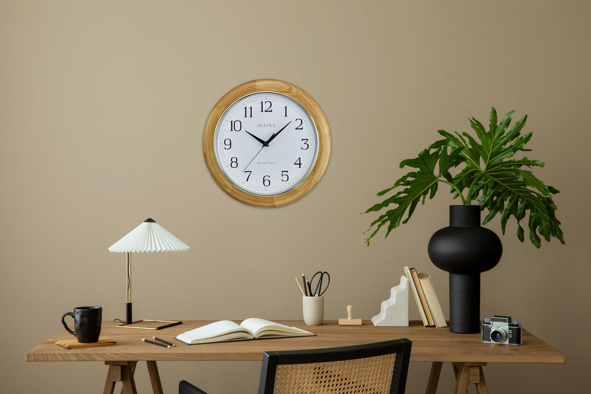 Bulova C5005 Wooden Atomic Analog Wall Clock | Automatically Sets Time | Large Roman Numerals | Battery Operated | Traditional Design Bulova