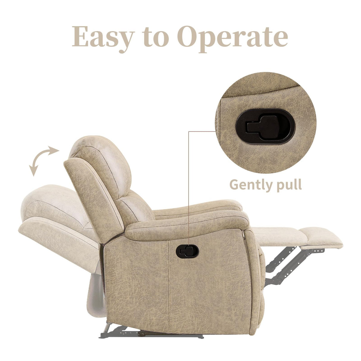 EBELLO Recliner Chair, Single Overstuffed Sofa Recliner, Breathable Faux Leather Manual Reclining Chairs with Hidden Cup Holder, Arm and Back for Adults, Living Room, Bedroom, Beige EBELLO