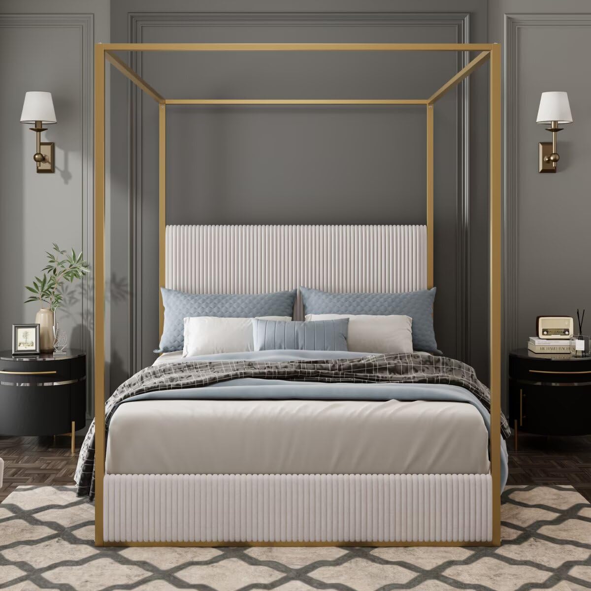 JIJIWANG Modern Luxury Metal Canopy Bed with Tall Upholstered Headboard and Gold Four Poster, No Box Spring Needed, King,Beige JIJIWANG