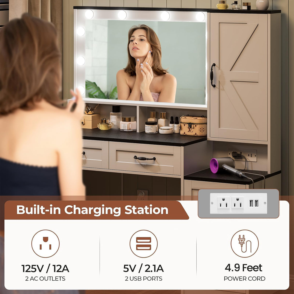 DDONGMM Farmhouse Vanity Desk Makeup Table with Mirror and 10 Lights, 45.3" Large Vanity Desk with Power Outlet, 5 Drawers, 1 Cabinet & 9 Jewelry Hooks, Dressing Table for Women Girls White & Black DDONGMM