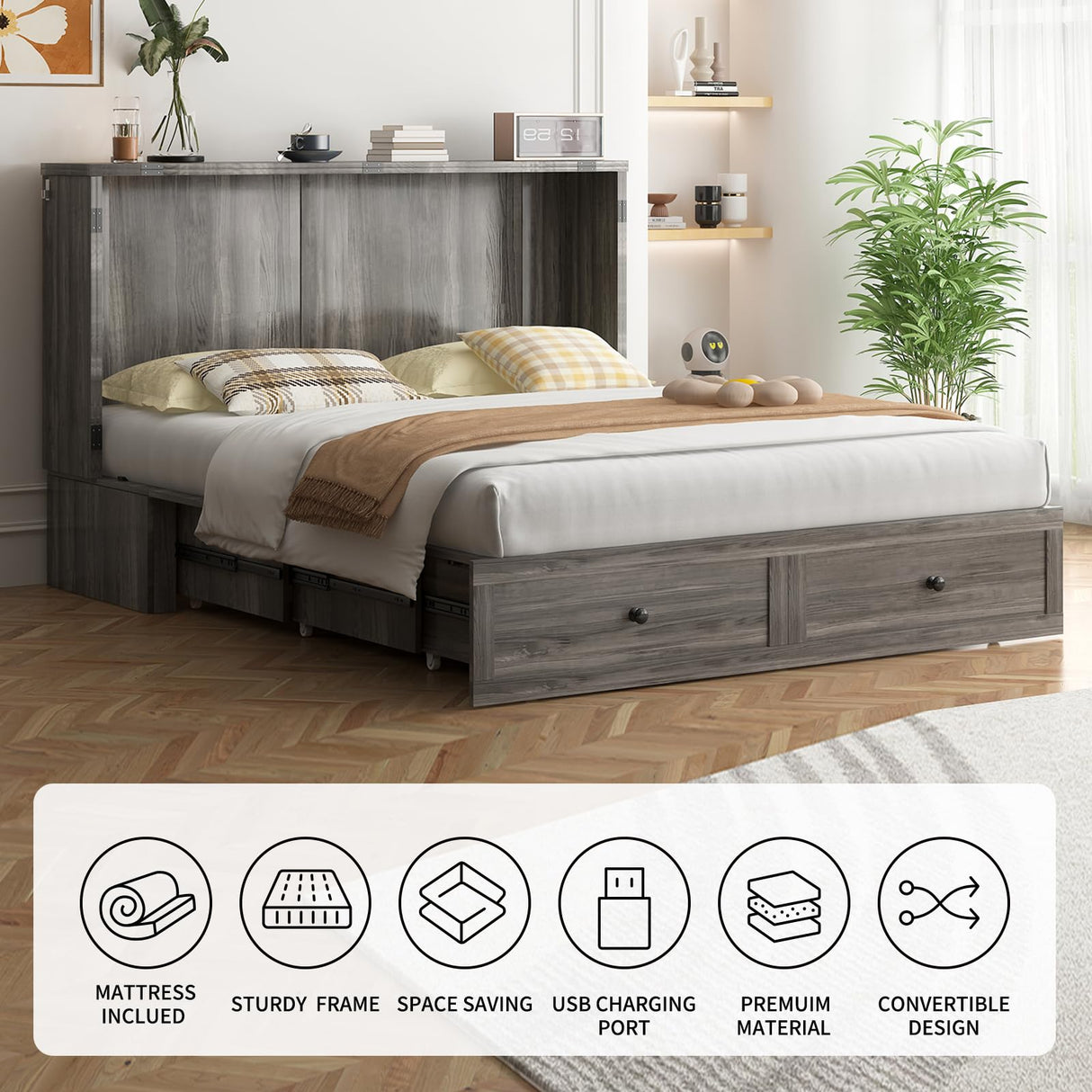 BALUS Murphy Queen Bed with Tri-Fold Mattress, Cabinet Beds with USB Ports & Large Storage Drawer, Wooden Cabinet Beds, Queen Hidden Bed for Living Room/Bedroom -Grey BALUS