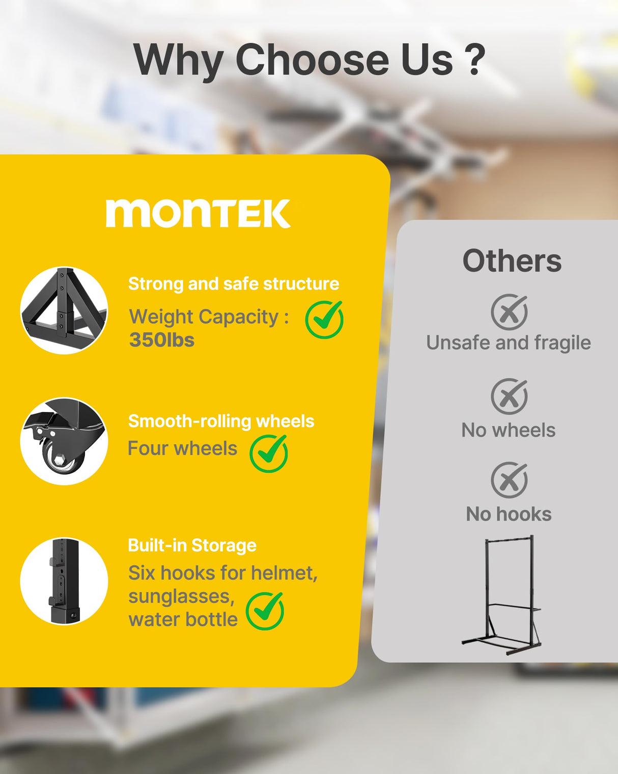 monTEK Freestanding Bike Storage Rack for 5 Bikes, Heavy Duty 350LBS Vertical Bike Stand with 5 Bike Hooks & 6 Helmet Hooks, Indoor and Outdoor Bike Storage Rack with Locking Casters monTEK