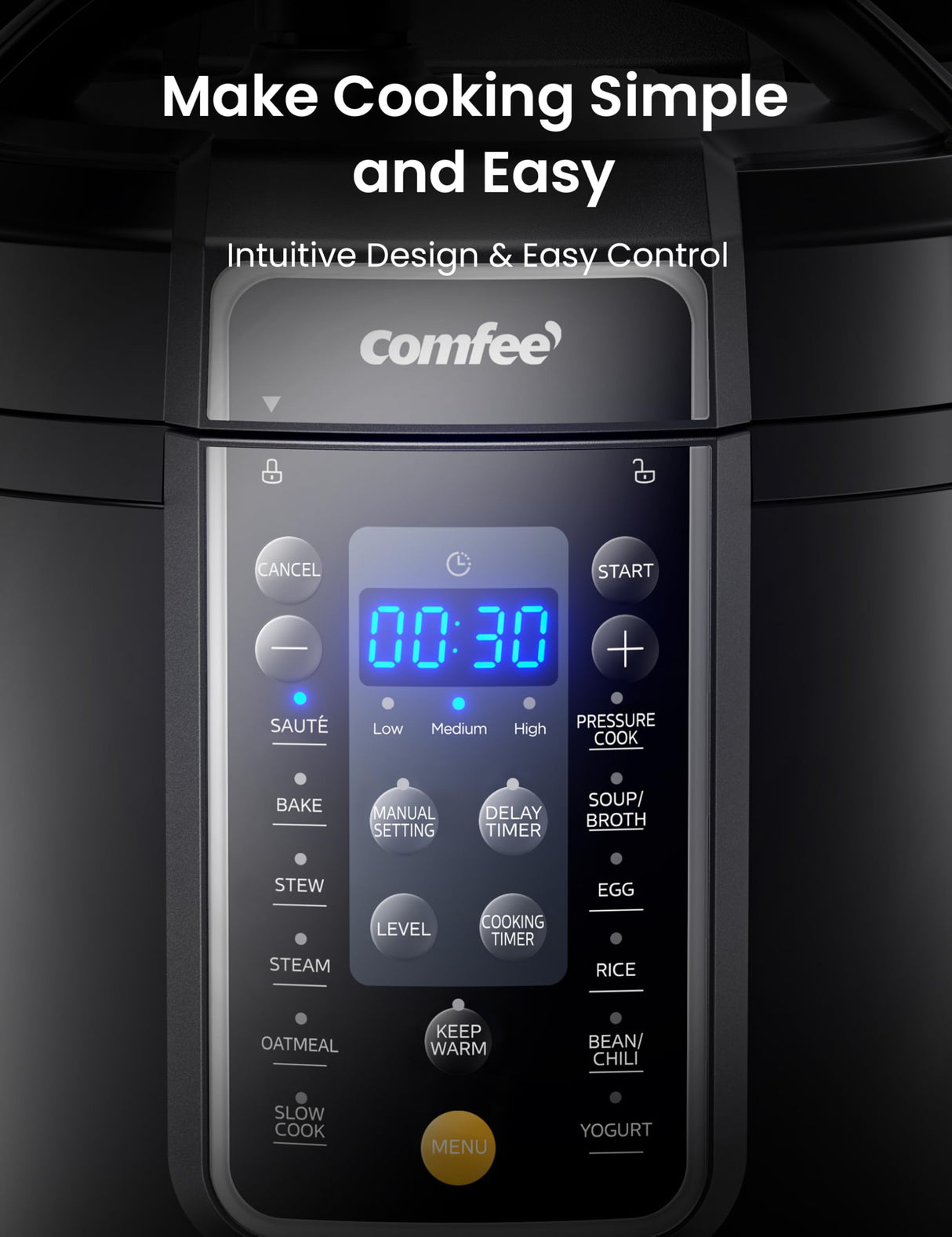 COMFEE’ 9-in-1 Electric Pressure Cooker 13 Presets Instant Multi Cooker Olla de Presion Slow Cooker Rice Cooker Steamer Sauté Yogurt Maker Non-Stick Pot 6 Quart Black, Aluminum COMFEE'