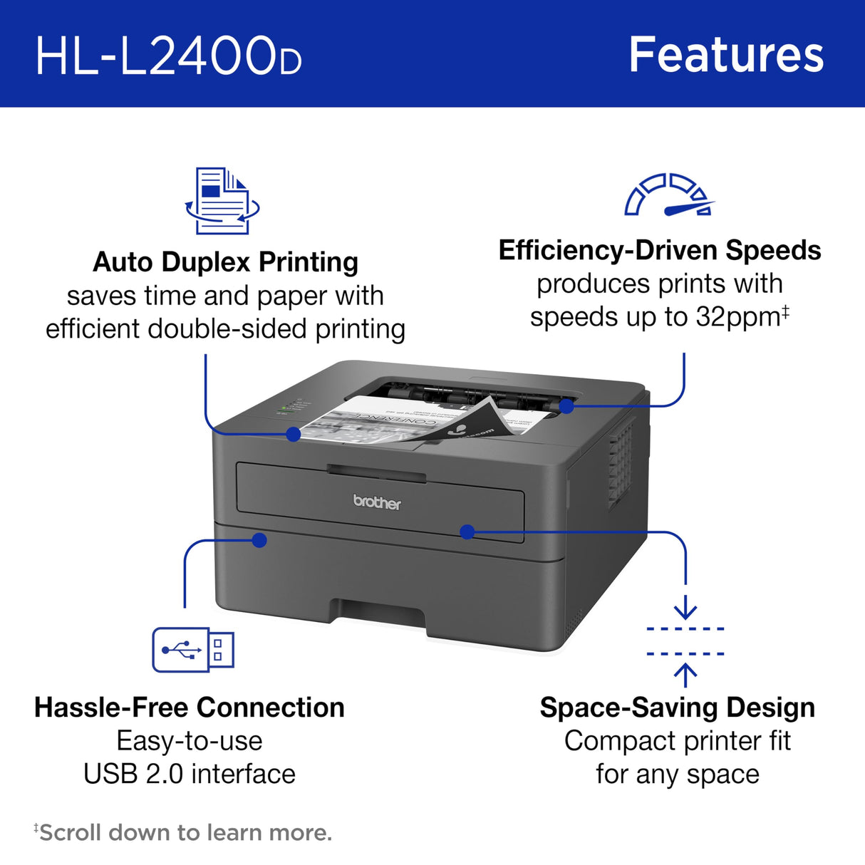 Brother HL-L2400D Compact Monochrome Laser Printer, USB Required (Cable not Included), Black & White Output | Includes Refresh Subscription Trial(1), (Renewed Premium) Brother