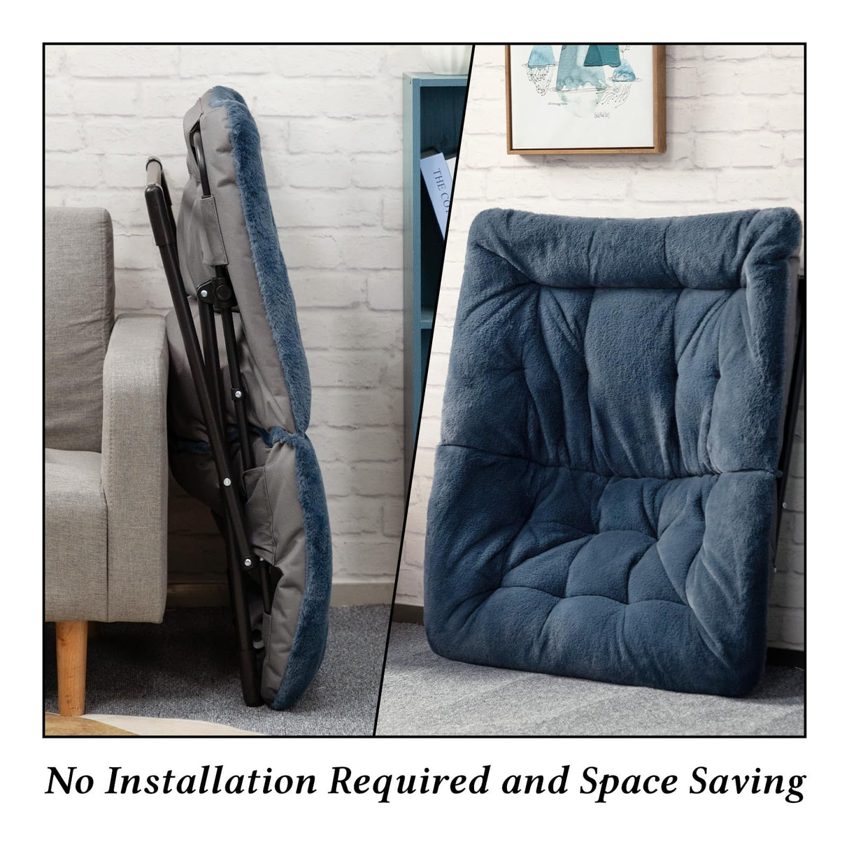 HollyHOME X-Large Saucer Chair, Comfy Oversized Folding Chair, Faux-Fur Reading Chair for Teens, Adults, Foldable Accent Lazy Chair, Metal Frame Lounge Chair for Living Room, Bedroom, Dorm, Navy Blue HollyHOME