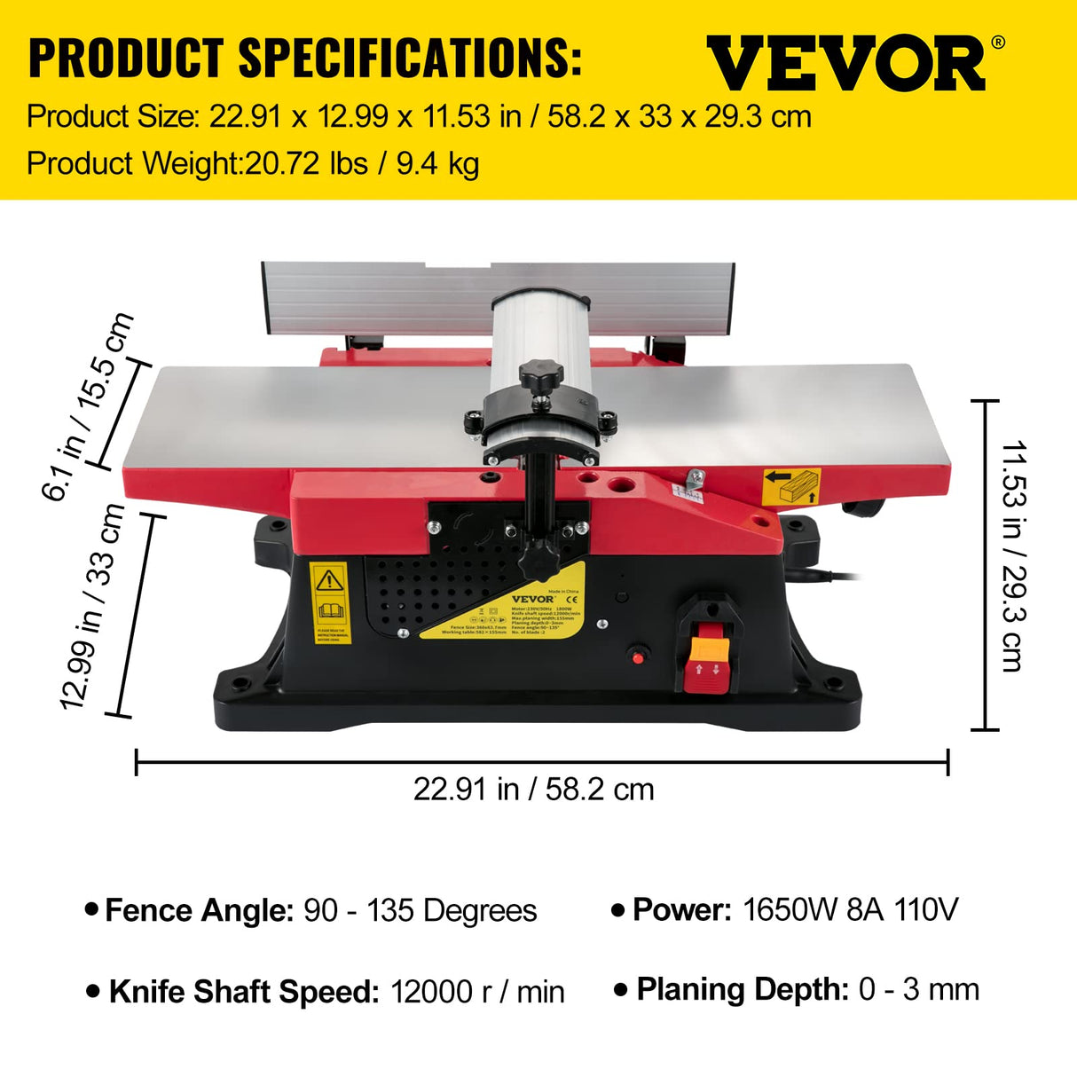 VEVOR Woodworking Benchtop Jointers 6inch with 1650W Motor,Heavy Duty Benchtop Planer Precise Cutterhead 2000rpm,2 Push Blocks Fence Depth Scale,Large Aluminum Work Table for Woodworking VEVOR