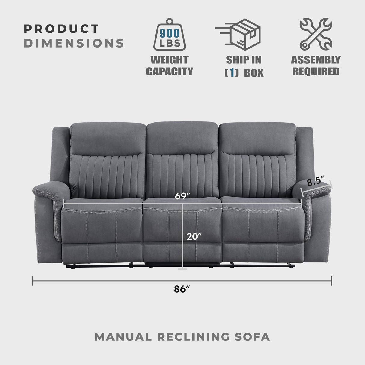 Lexicon Manual Double Reclining Sofa, Polished Microfiber Upholstered 3 Seater Manual Sofa Recliner for Living Room, Wall Hugger, Easy Assembly, Gray Lexicon