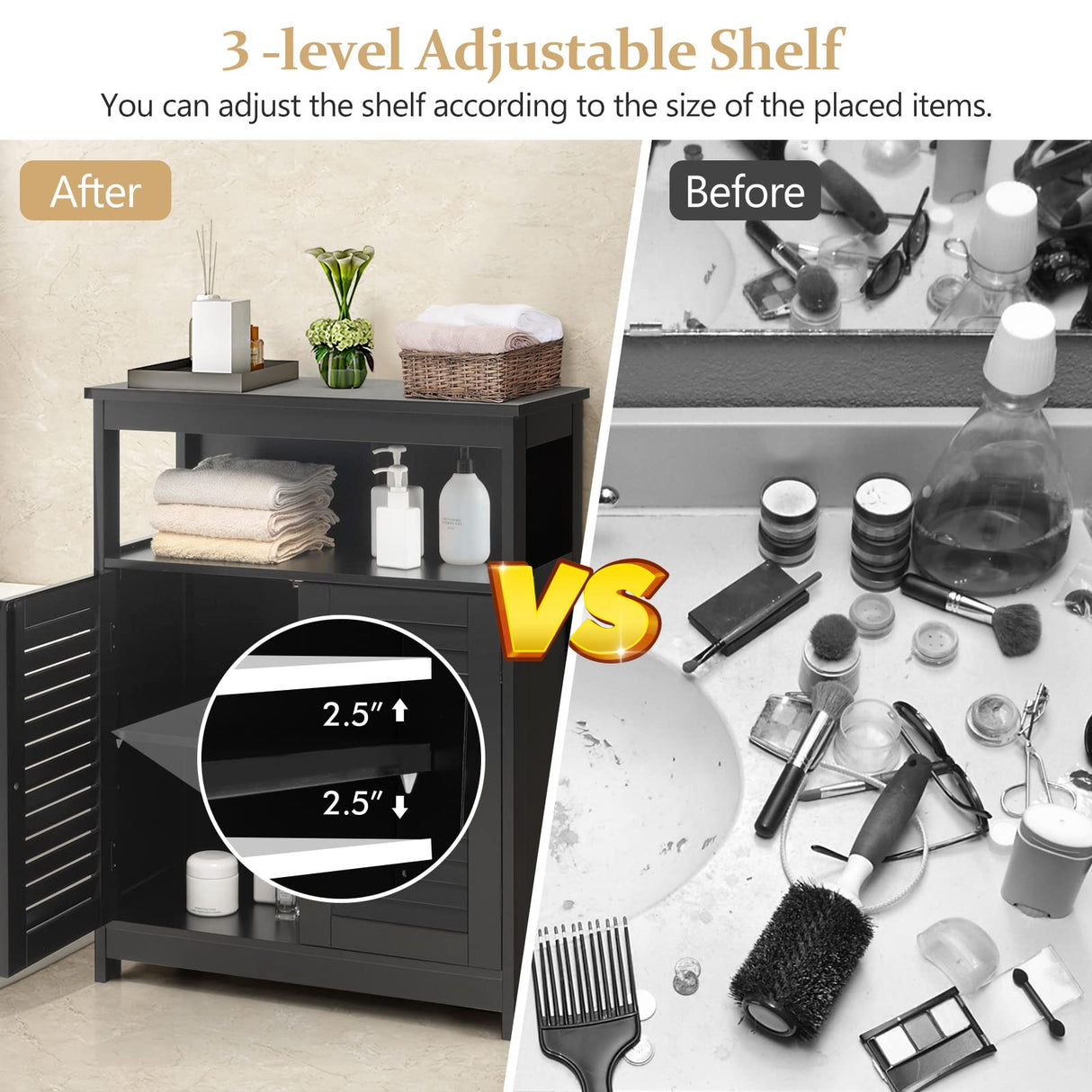 COSTWAY Bathroom Storage Cabinet, Wooden Side Storage Organizer with Louver Doors & Removable Shelf, Freestanding Floor Cabinet for Living Room, Kitchen, Entryway (Black) COSTWAY