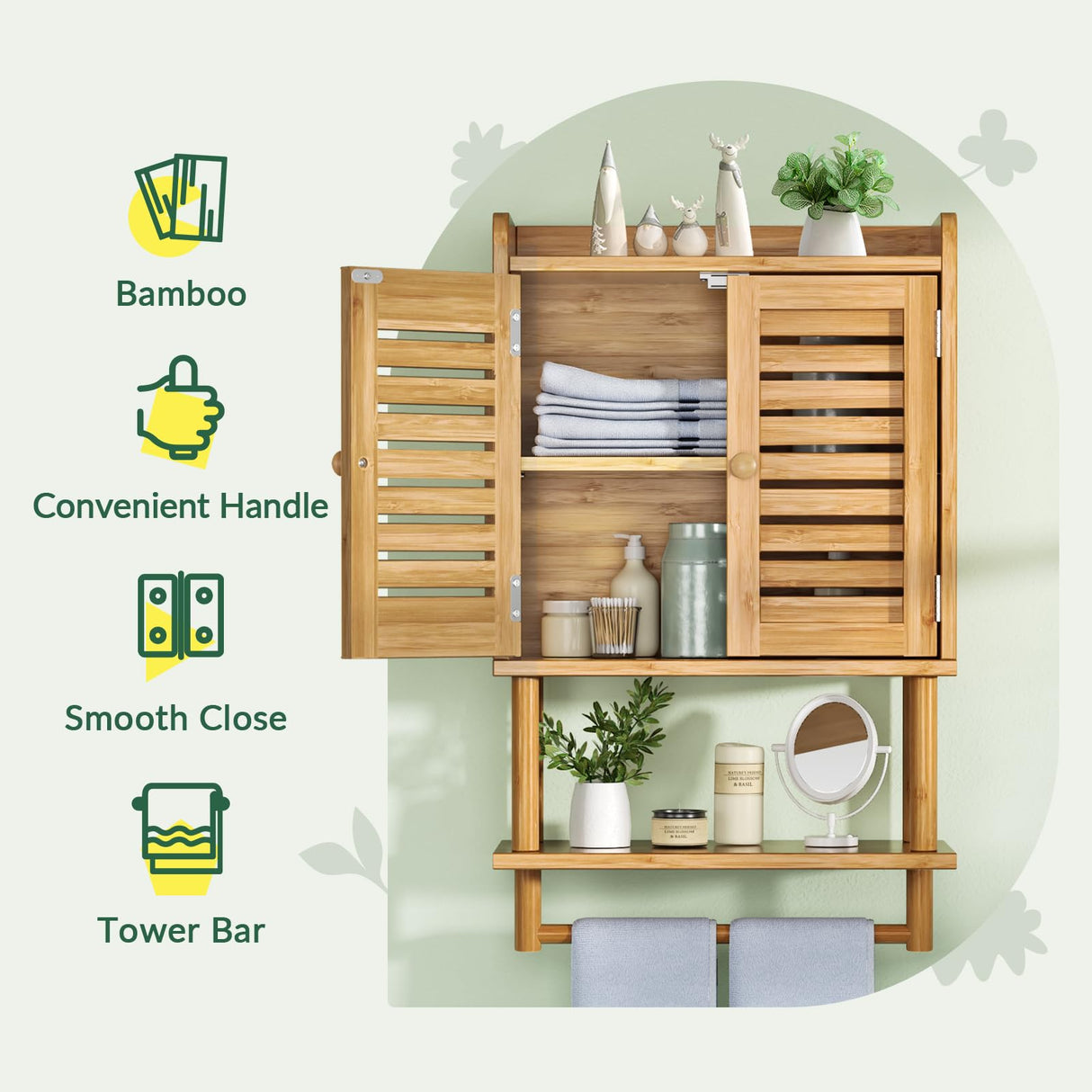 AmazerBath Bathroom Wall Cabinets, Bamboo Medicine Cabinets with Towel Bar, Wall Mounted Storage Cabinet with Adjustable Shelves, 2 Doors Over The Toilet Storage for Small Spaces,8.3x16.5x26.6 Inches AmazerBath