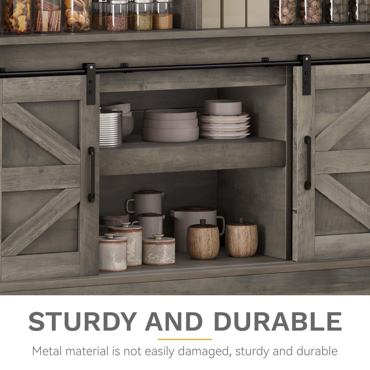 DWVO Farmhouse Buffet Cabinets, 47" Coffee Bar with Goblet Holder & Power Outlet, Sliding Barn Door Sideboard Cabinet for Kitchen & Living Room Storage (Rustic Grey Oak) DWVO