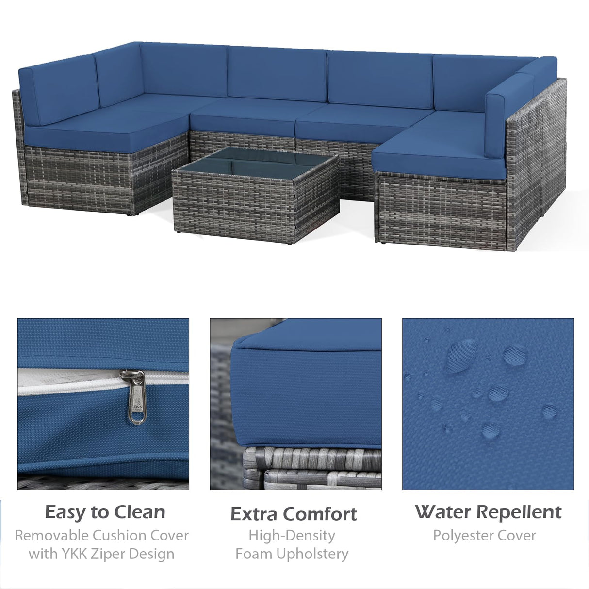 U-MAX 7 Piece Outdoor Patio Furniture Set, PE Rattan Outdoor Grey Wicker Furniture, Outdoor Sectional Furniture Chair Set with Cushions and Tea Table, Grey Rattan and Navy Cushion U-MAX
