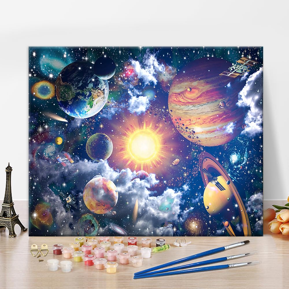 Planets in Space Paint by Numbers for Adults, Earth and Stars Space DIY Paint by Number Kits Starry Sky Oil Painting by Numbers for Beginners, Acrylic Paint Crafts for Home Decor 16x20Inch Frameless TUMOVO