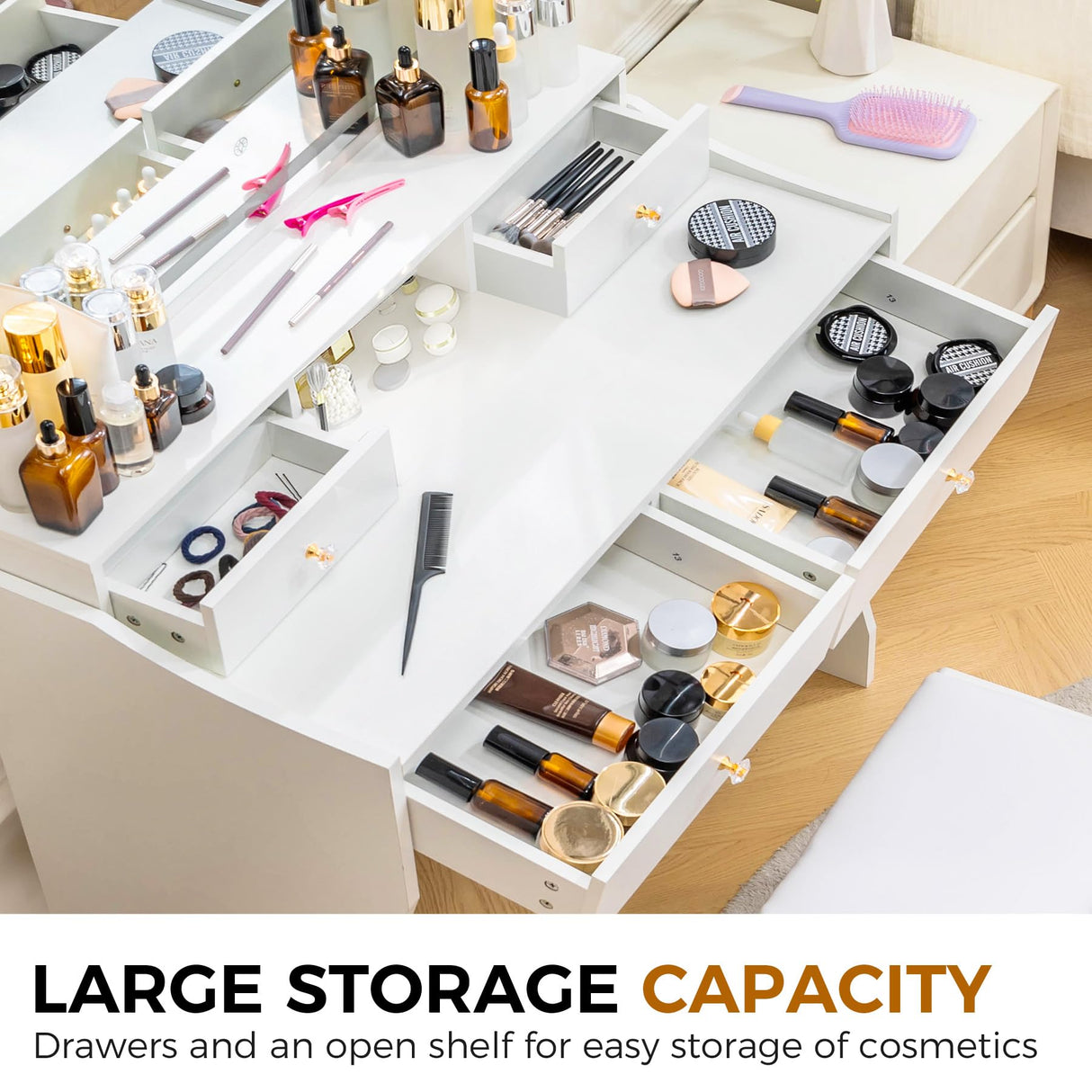 COMHOMA Makeup Vanity Desk with Mirror and Lights, Vanity Table and Chair Set with 5 Drawers and Charging Station, Bedroom Dresser LED Mirror Stepless Dimmable & 3 Color Modes Adjustable, Pure White COMHOMA