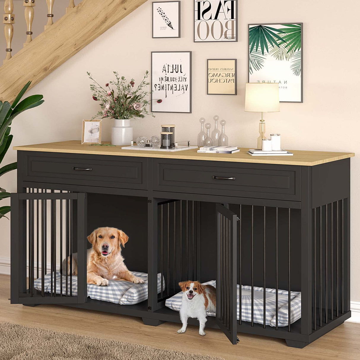 Lovinouse Furniture Style Dog Crate with Double Room, Wooden Dog Kennel with Double Doors and Removable Divider, Dog House Side End Table for Small Medium Large X-Large Dogs(Black + Wood) Lovinouse