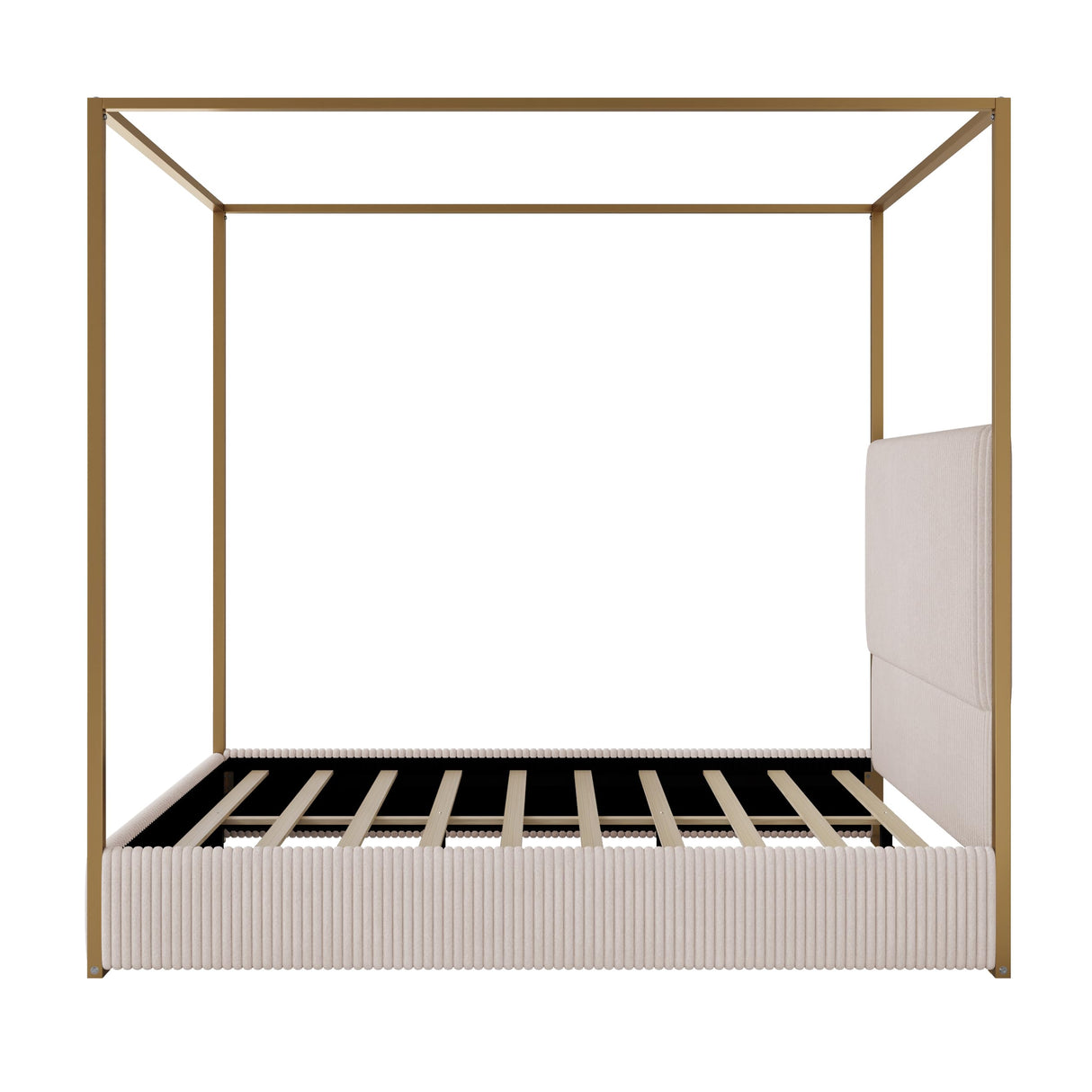 HRJHLucky Queen Size Canopy Bed with Tall Upholstered Channel Headboard, Metal 4 Poster Upholstered Bed, No Box Spring Needed (Gold + Beige, Queen) HRJHLucky