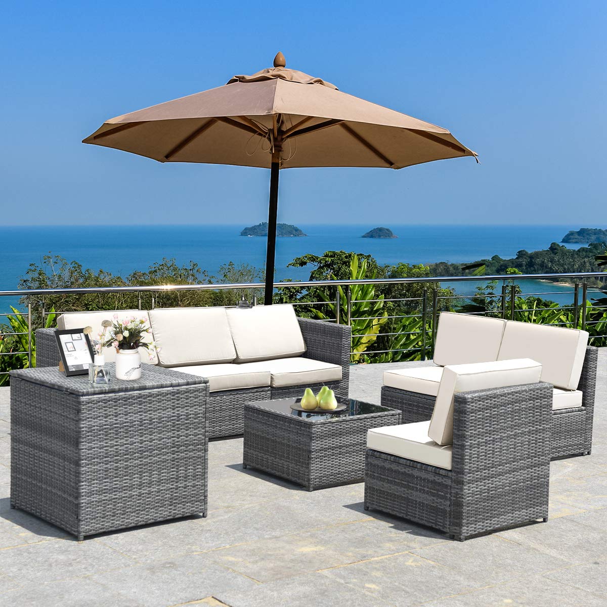Tangkula 8 PCS Outdoor Patio Furniture Set, Rattan Wicker Sofa Set, Sectional Sofa Couch Conversation Set w/Storage Table and 12 Zippered Cushions for Garden Backyard Poolside (White) Tangkula