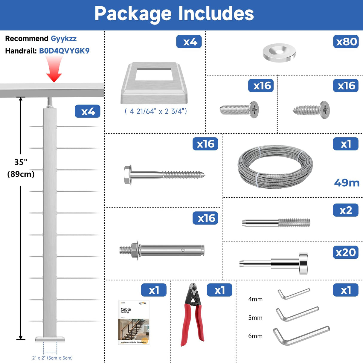 Gyykzz One-Stop Cable Railing Post Kits, 4Pack Brushed Finish Level Drilled Line Post 36", Adjustable Top Cable Railing System Including 4 Railing Posts, 160ft Cable, 10 Set Terminal, 80 Cable Sleeves Gyykzz