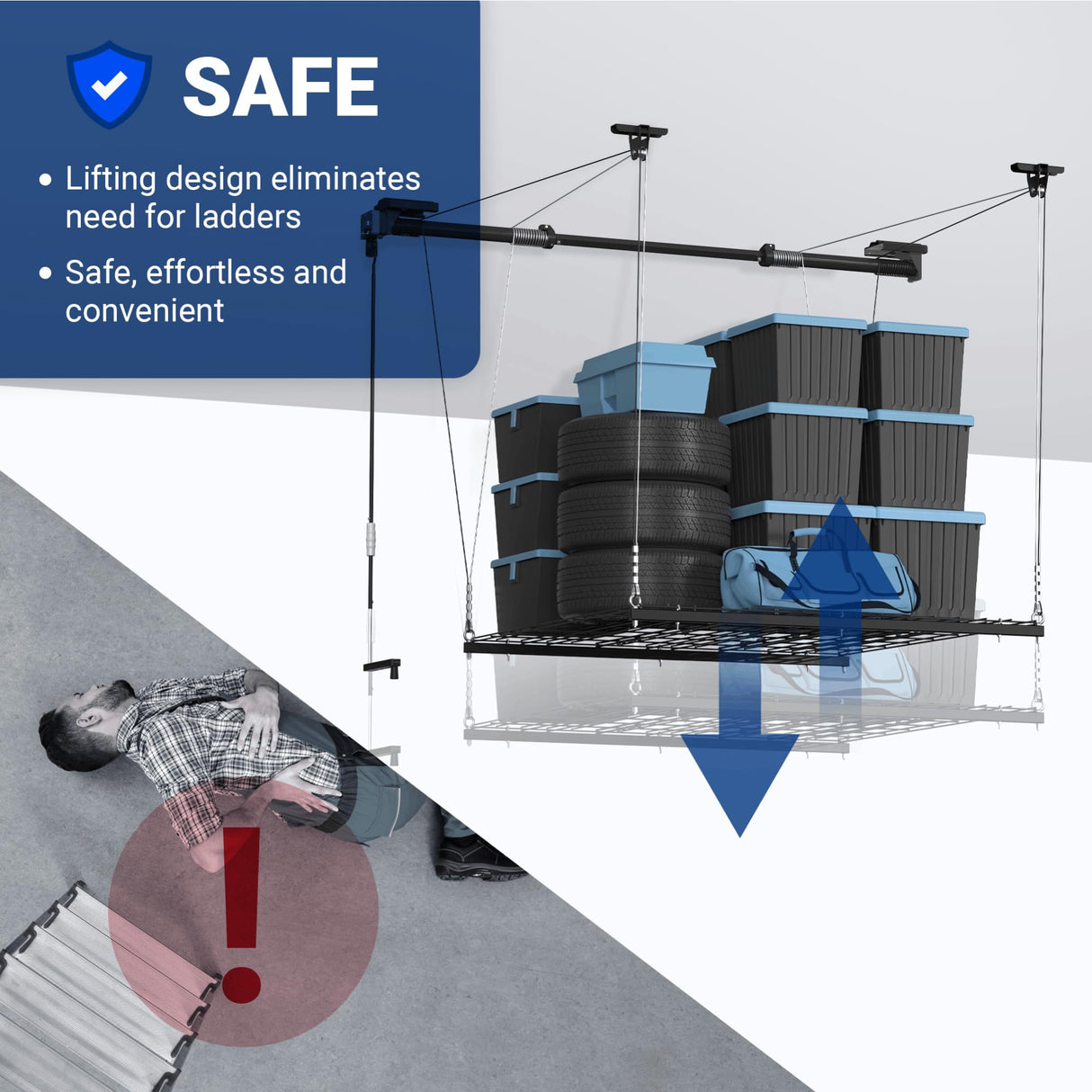 FLEXIMOUNTS Garage Lifting Metal Rack, 4x4 Ft Overhead Garage Storage Racks, Adjustable Heavy-Duty Ceiling Organization System, 300lbs Weight, Satin Black FLEXIMOUNTS