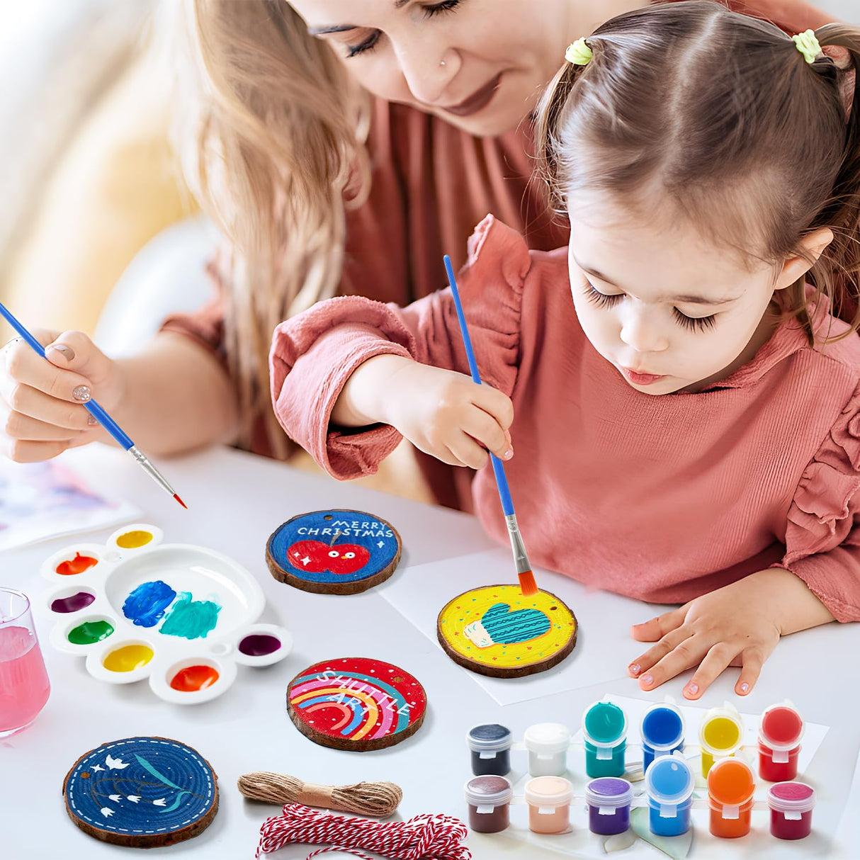 Shuttle Art Natural Wood Slices 70 PCS 2.8-3.1 Inches Craft Wood Ornament Kit, Unfinished Predrilled Wooden Circles with Hole, Jute Twine, Acrylic Paint, Markers for DIY Decoration Shuttle Art