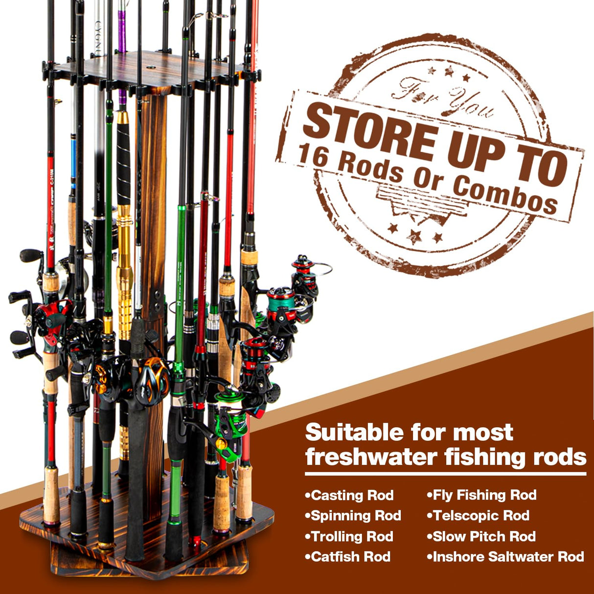 Ghosthorn Fishing Rod Holders for Garage 360 Degree Rotating Fishing Pole Rack, Floor Stand Holds up to 16 Rods Wood Fishing Gear Equipment Storage Organizer, Fishing Gifts for Men Women Ghosthorn
