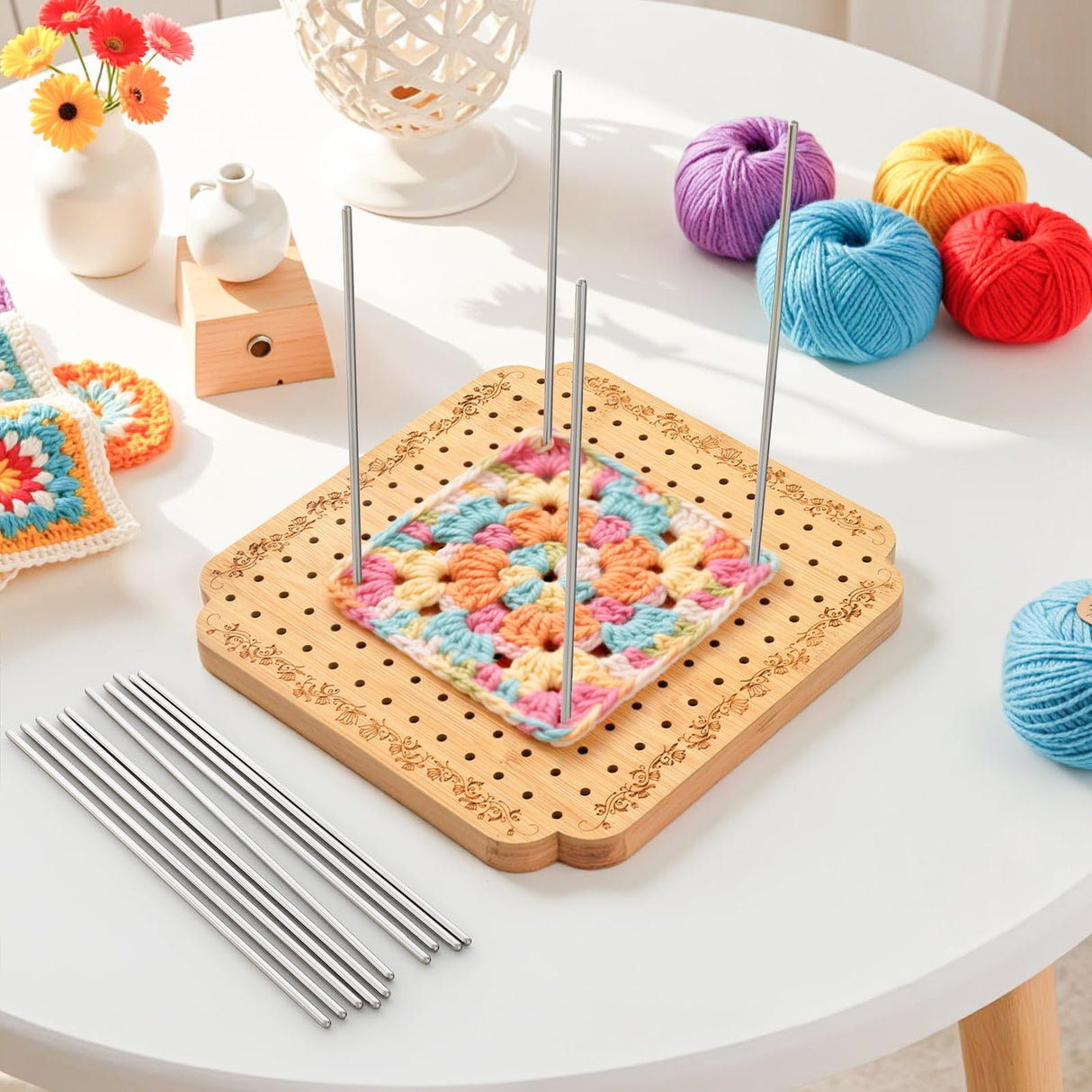 Crochet Blocking Board with Tulips Pattern, 22 Pins/Pegs, Blocking Board for Crocheting Knitting, Bamboo Granny Square Blocking Boards for Crochet Projects, Crocheting Accessories Gifts FEIYAUMI