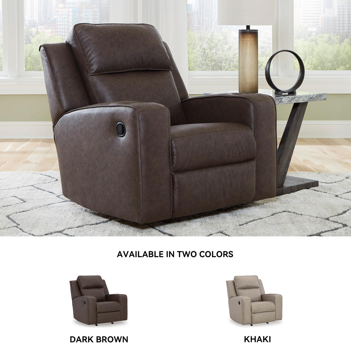 Signature Design by Ashley Lavenhorne Contemporary Faux Leather Upholstered Manual Rocker Recliner with 2 Cup Holders, Dark Brown Signature Design by Ashley
