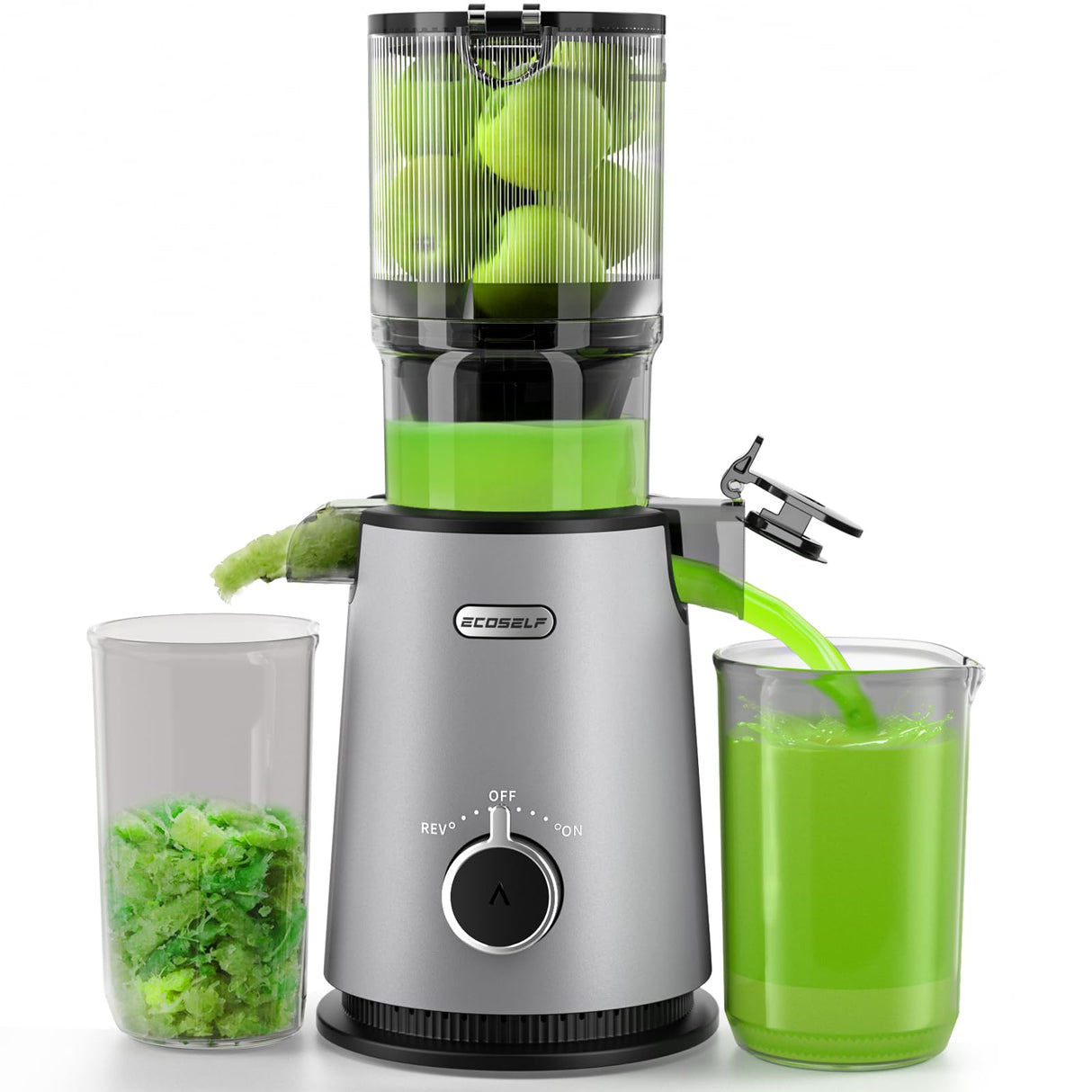 Cold Press Juicer, ECOSELF Slow Masticating Juicer with 4.35" Large Feed Chute Fit Whole Fruits & Vegetables, Self Feeding for Juice Extractor Machine, Easy to Clean and Assemble, High Juice Yield ECOSELF