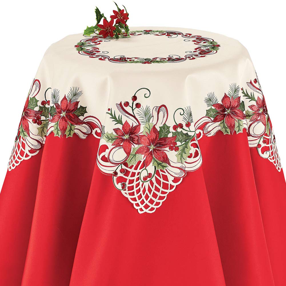 Pretty Poinsettia & Berries Christmas Table Linens, Square Collections Etc