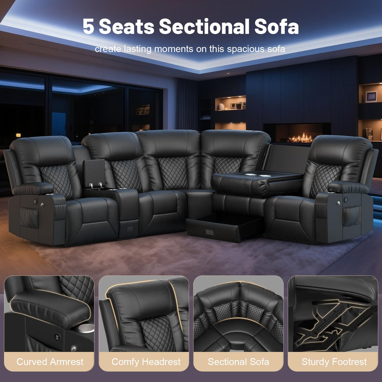 YONISEE Recliner Sectional Sofa, 5 Seats L-Shape Manual Reclining Sofa with Console & Flip Backrest Design, Storage Drawer, USB Ports, 2 Cell Phone Holder, Sofa Couch for Home Theater YONISEE