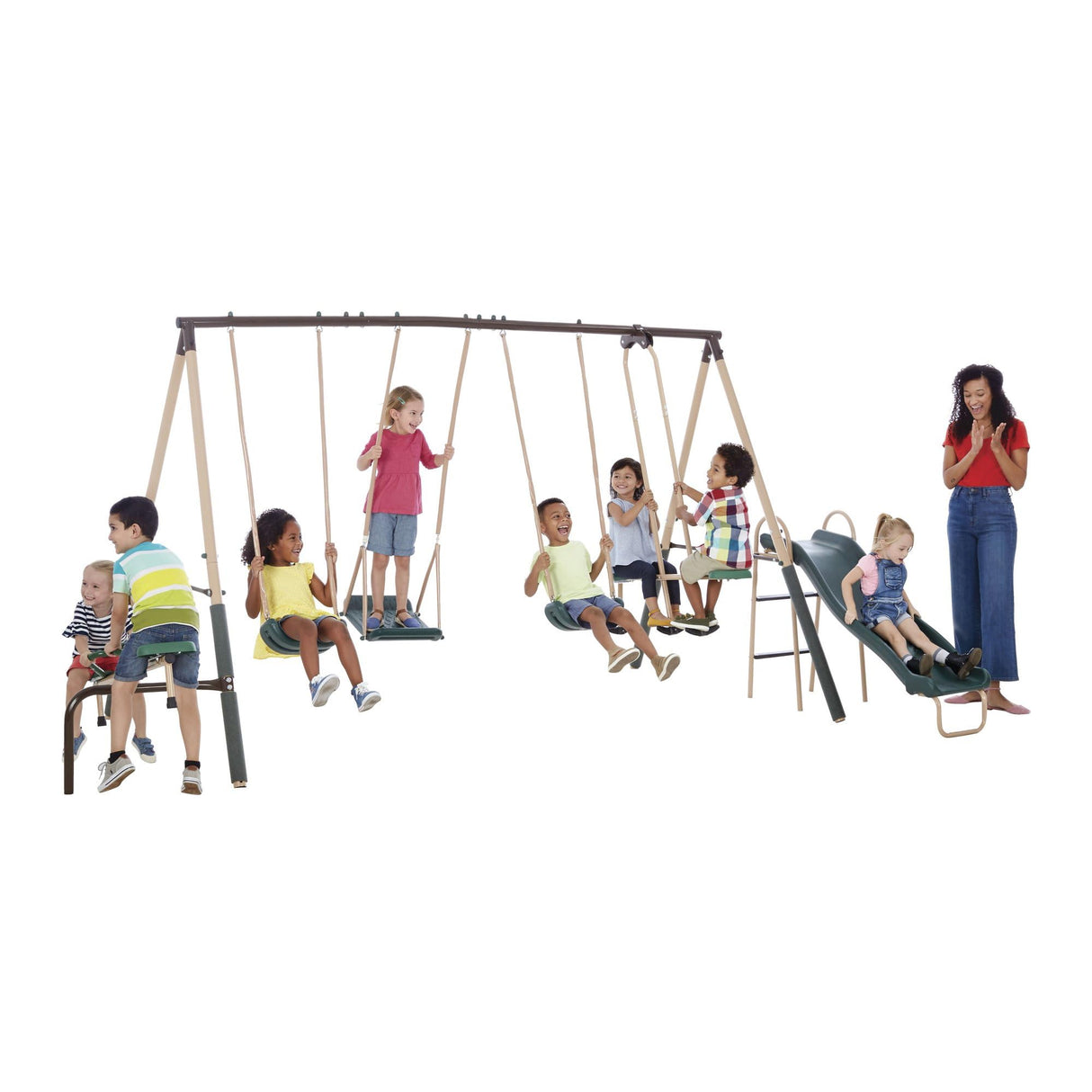 XDP Recreation Crestview Outdoor Play Kids Metal Backyard Playset Swing Set with 2 Swings, Slide, Stand N Swing, Fun Glider, and See Saw, Green/Tan XDP RECREATION