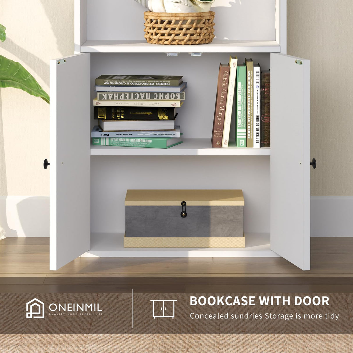6-Tier White Wooden Bookshelf with Cabinet Doors - Versatile Storage Solution for Home and Office oneinmil