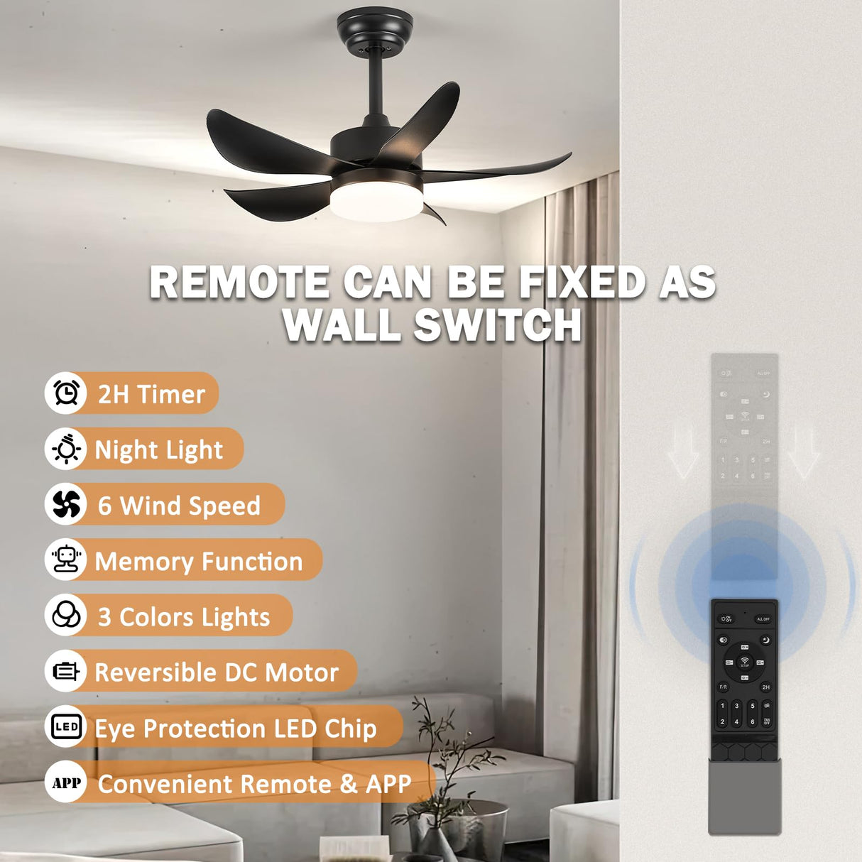 RHEAFON Ceiling Fans with Lights and Remote,30 Inch Smart Ceiling Fan,Reversible,Noiseless,Small Black Ceiling Fan for Bedroom Kitchen Indoor/Outdoor Patio RHEAFON