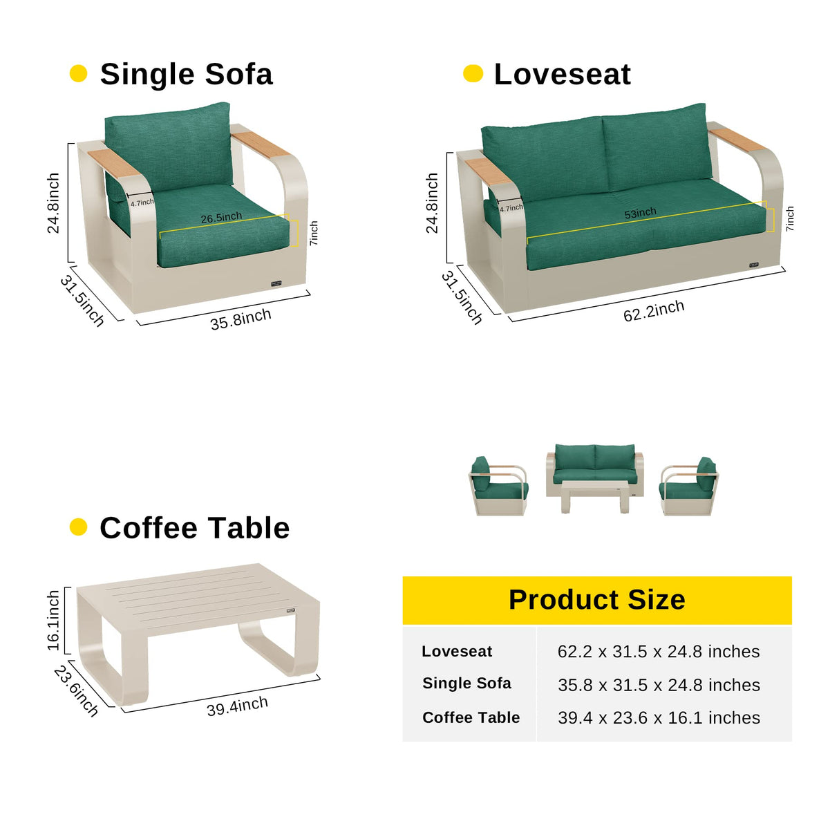 EAST OAK Signature 4 Pieces Patio Furniture Set, Aluminum Outdoor Furniture with Teak Wood Armrest, Sofa and Coffee Table Patio Set, Modern Patio Conversation Set for Porch, Champagne Gold & Green EAST OAK