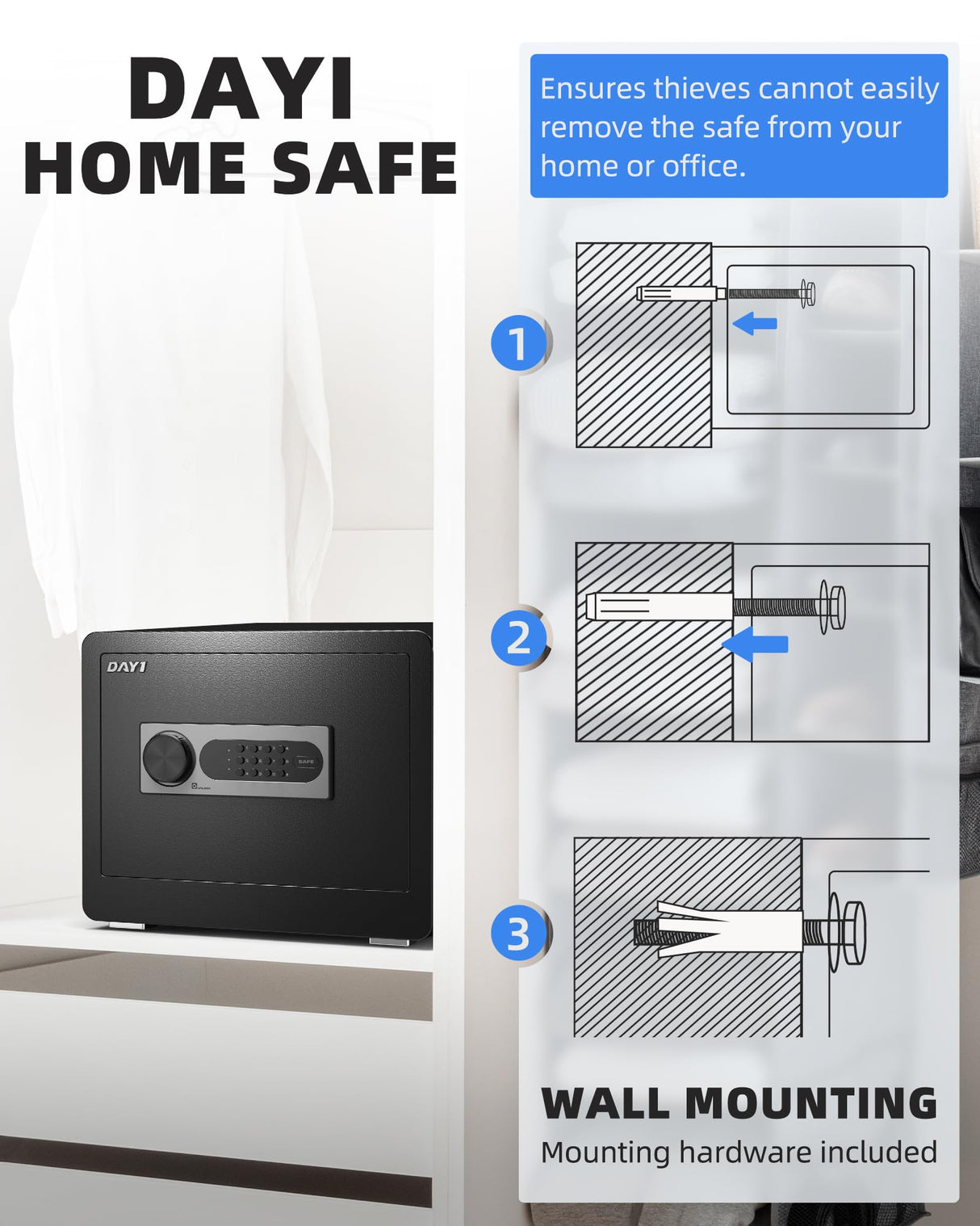 DAYI Safe Box, 1.4 Cubic Feet Home Safe with Fireproof Waterproof Bag, Security Safe Box for Money Cash Valuables, Digital Electronic Keypad, Dual Alarm System, Removable Shelf - D-35 DAYI