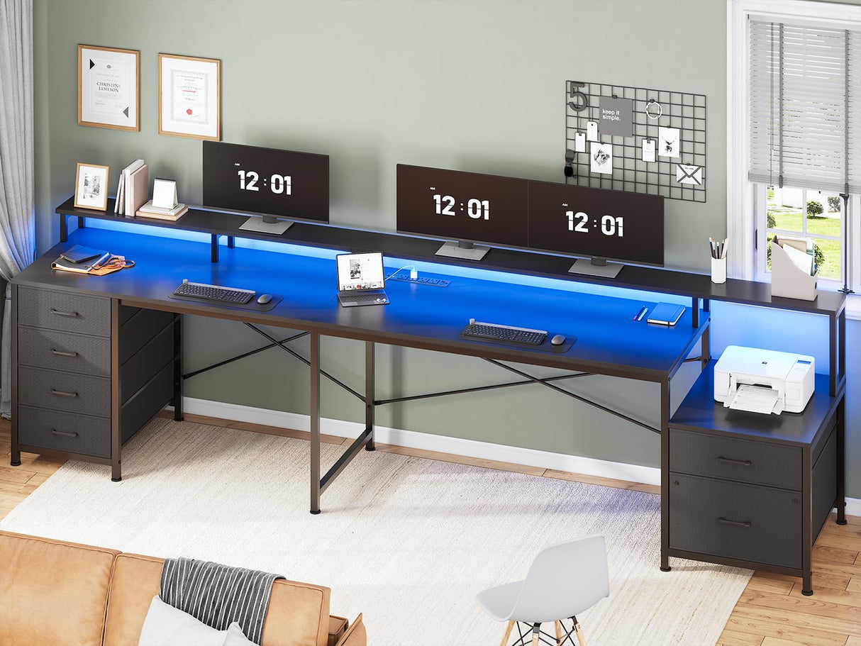 SEDETA L Shaped Desk with 6 Drawer, 108" Home Office Desk with File Drawer & Power Outlet, Corner Computer Desk with Monitor Shelf, File Cabinet, Two Person Desk, Gaming Desk with Led Lights, Black SEDETA