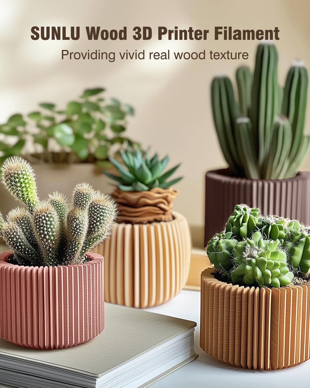 SUNLU Real Wood Fiber PLA Filament, Neatly Wound 1.75mm Dimensional Accuracy +/- 0.03mm, Fit Most FDM 3D Printers, 4kg in Total, 1kg per Spool, 4 Pack,(Wood+Fiber Cherry+Fiber Maple+Fiber Walnut) SUNLU