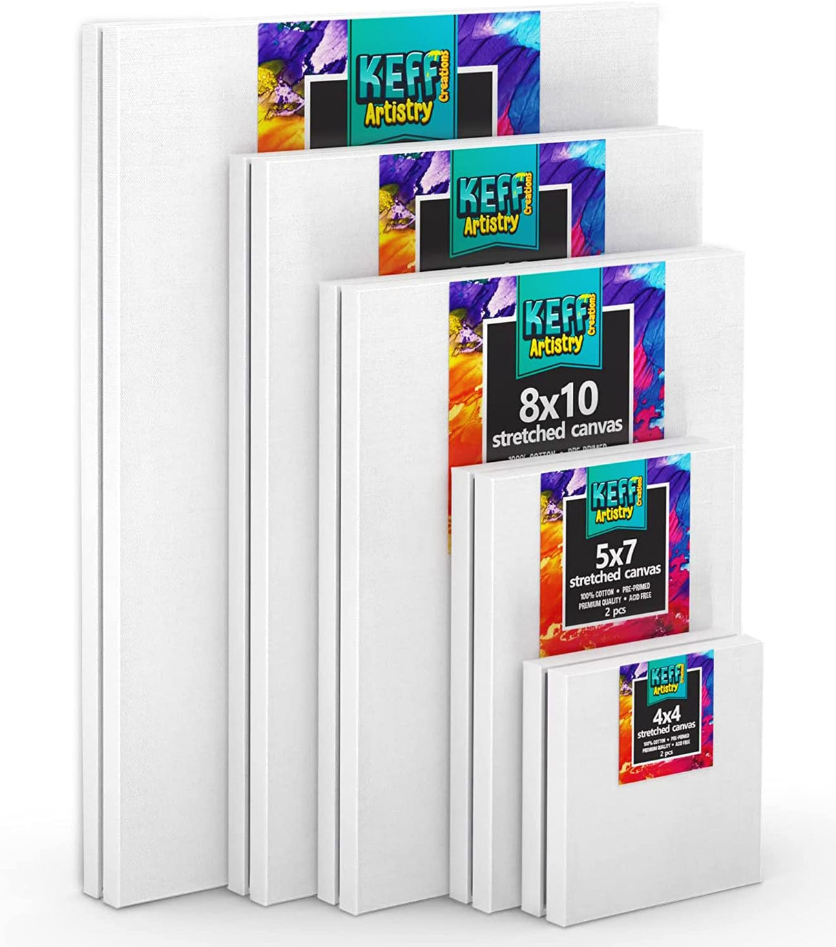KEFF Stretched Canvas for Painting (10 Pack) Blank Painting Canvas - 2 of Each; 4x4, 5x7, 8x10, 9x12 and 11x14 Canvas, 100% Cotton Pre-Primed, Great for Pouring, Acrylic, Oil, Wet and Dry Art Media KEFF