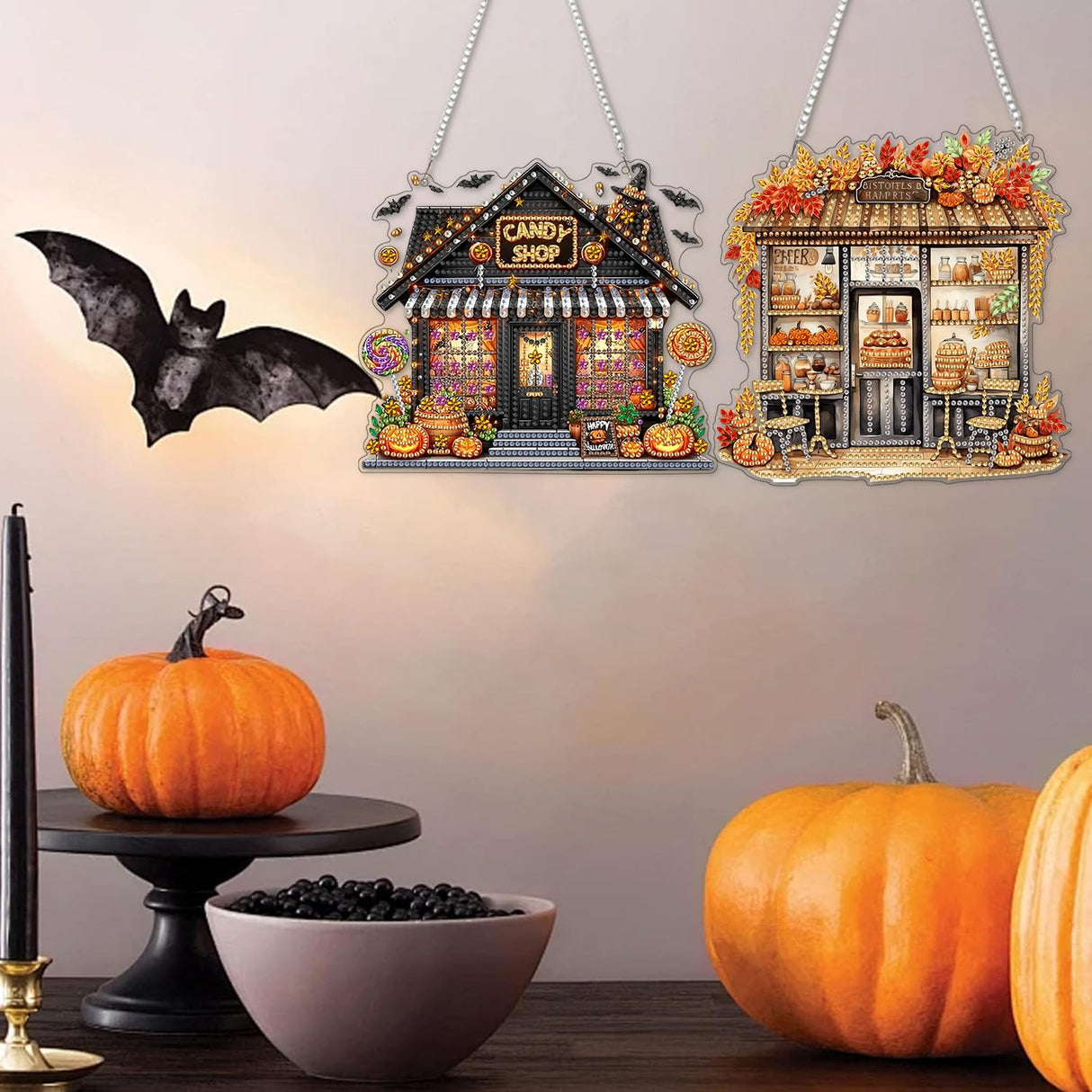 Decor for Home Diamonds Art kit Hanging Decorations, 3 Pack Christmas House Suncatchers Diamonds Painting Kit for Adult Gift Fall DIY 5D Diamonds Dots Special Crystal Diamond Halloween 7.8x7.8 inch Fairyland JinWenn