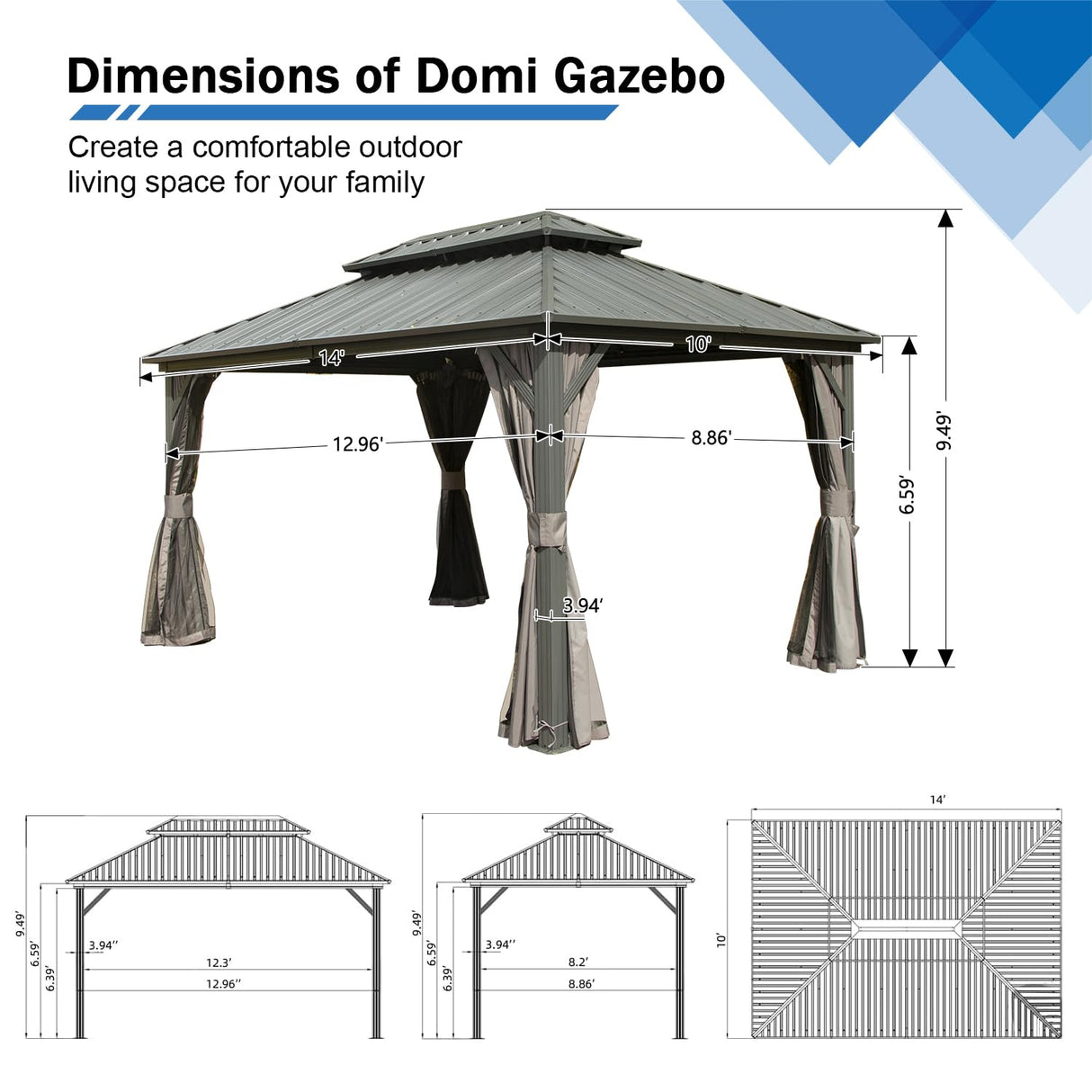 Domi 10x14FT Hardtop Gazebos, Aluminum Metal Gazebo with Galvanized Steel Double Roof Canopy, Curtain and Netting, Permanent Gazebo Pavilion for Patio, Backyard, Deck and Lawn, Grey domi outdoor living