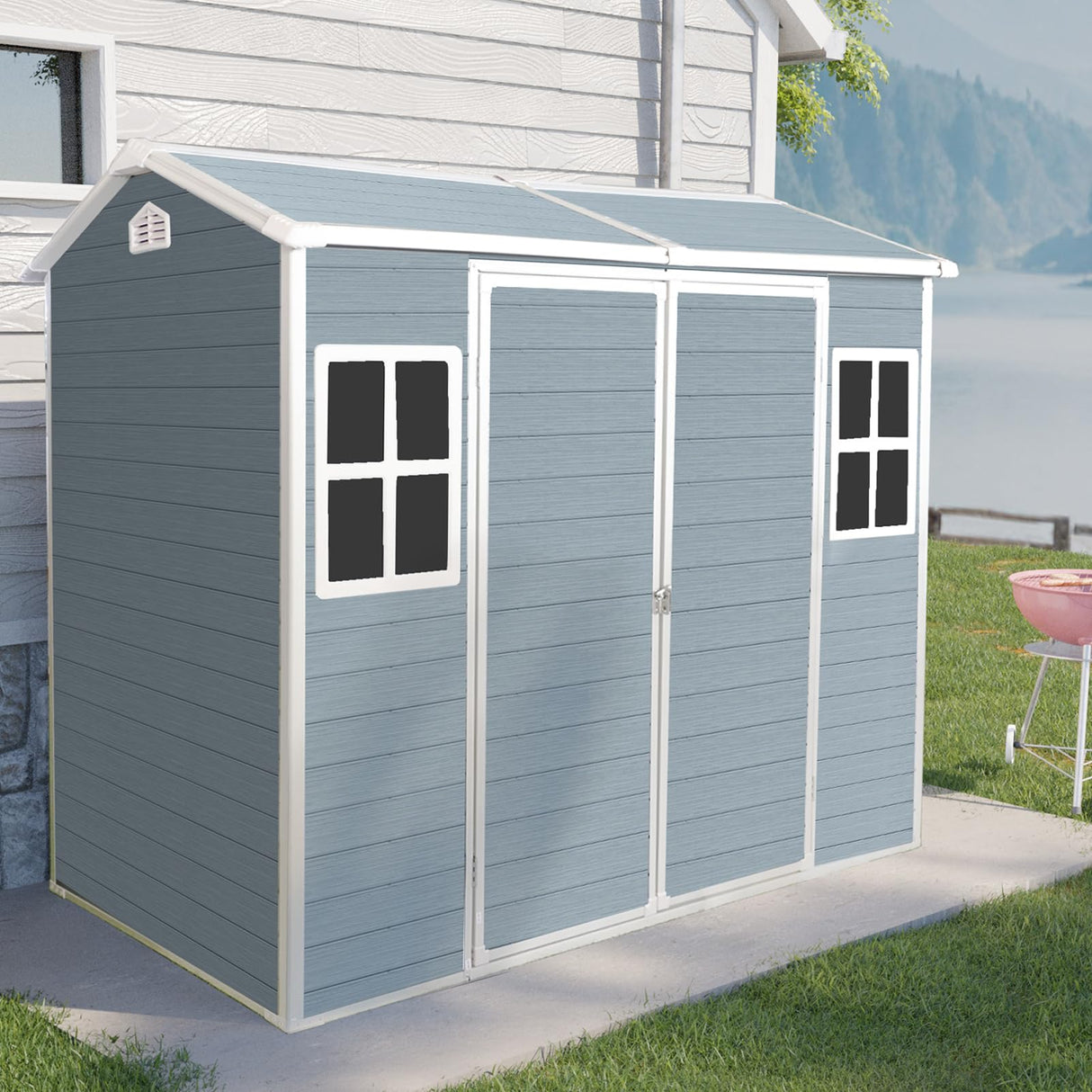Shaical Storage Shed 8x4ft Resin Outdoor Storage Shed with Floor and Lockable Double Door, Two Windows & Air Vents, All Weather Sloped Roof Tool Room for Garden, Backyard, Patio, Lawn, Grey Shaical