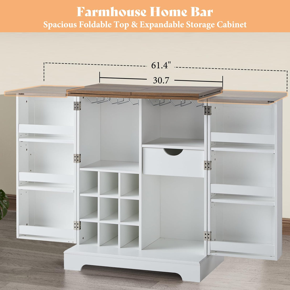 AMERLIFE 61" Farmhouse Bar Cabinet with 9 Wine Racks, Folding Storage Wine Liquor Cabinet, Expandable Coffee Bar Station with Drawer, Mini Bar, Home Bar for Kitchen Dining Room, Rustic White AMERLIFE